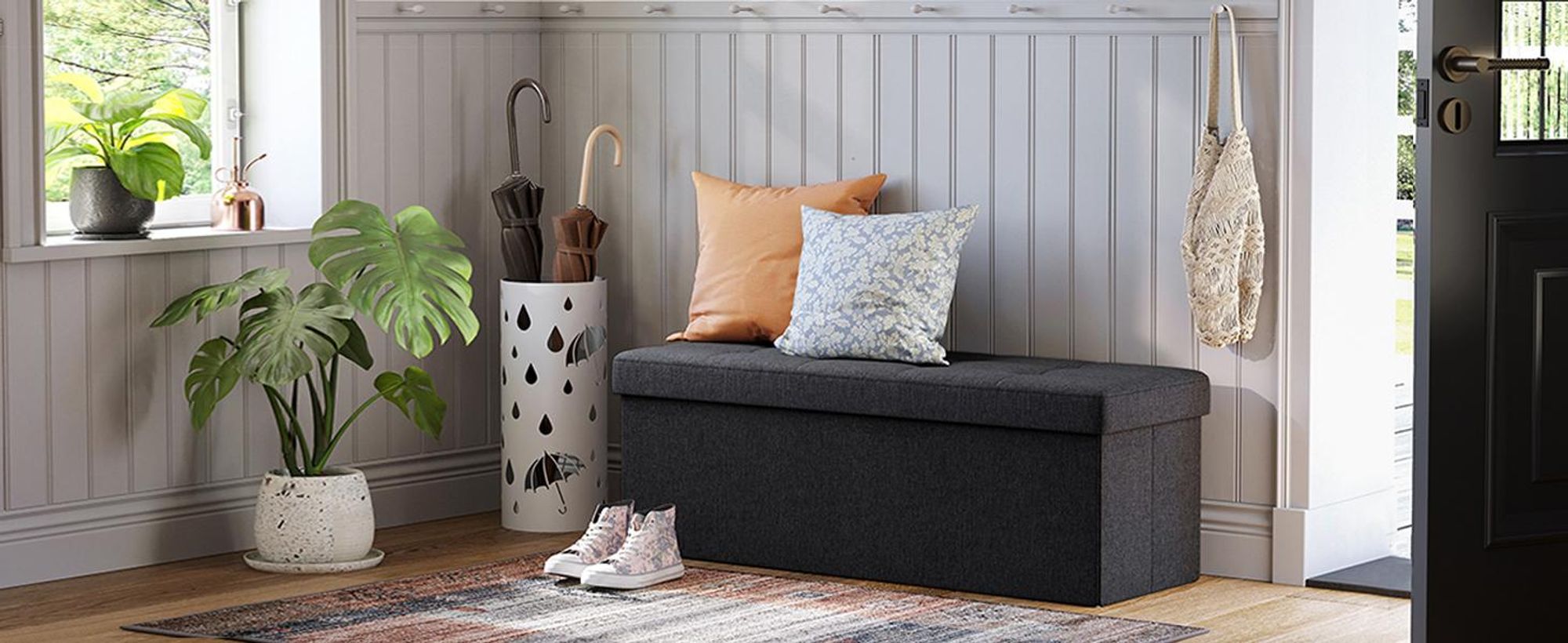 SONGMICS 110 cm Sitzbank mit Stauraum, klappbare Sitztruhe, Fußbank, schwarz