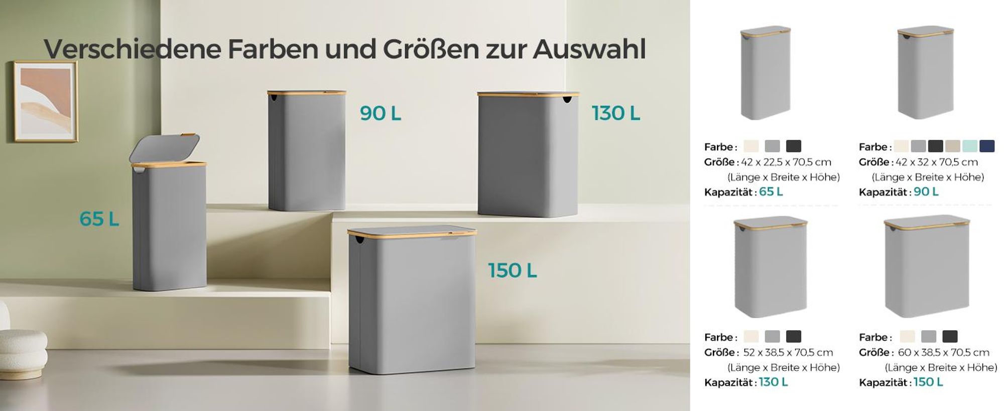 SONGMICS Wäschekorb mit Deckel, 3 Fächern, 150 L, herausnehmbarer Wäschesack, Griffe aus Bambus