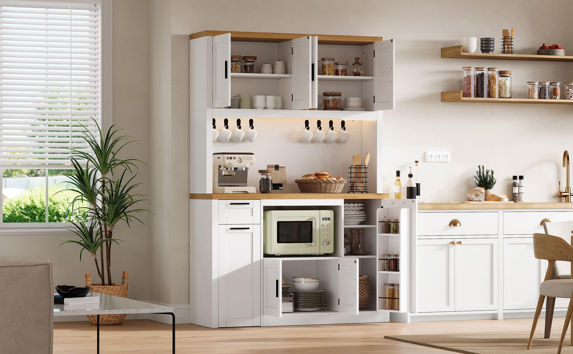 Flieks Küchenschrank mit Schubladen, Vorratsschrank mit LED-Beleuchtung und Steckdosen, Vitrinenschrank mit Einlegeböden, 120×40×182cm, Weiß, MDF+PB