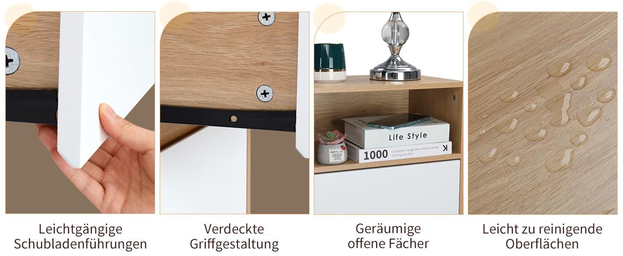 FCH Nachttisch, 2er Set, mit 1 offenem Fach, 2 Schubladen, 40 x 30 x 60 cm, Eichen&Weiß