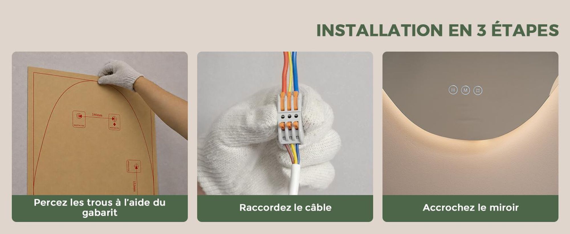 S'AFIELINA Miroir Salle de Bain LED 48 × 72 cm, Asymétrique, Sans Cadre,3 couleurs d’éclairage, luminosité réglable, anti-buée et mémoire