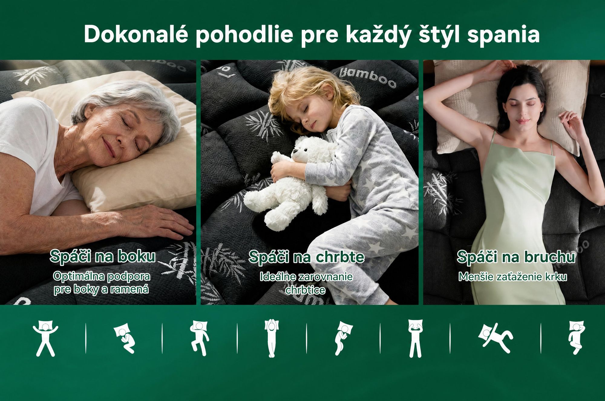 NicePlus, vrchná matrace 2 v 1, 140x200x7 cm, 5-zónová pamäťová pena + vrchná vrstva z bambusu, s rohovými gumičkami pre všetky typy matrací, tvrdosť H2/H3, čierna