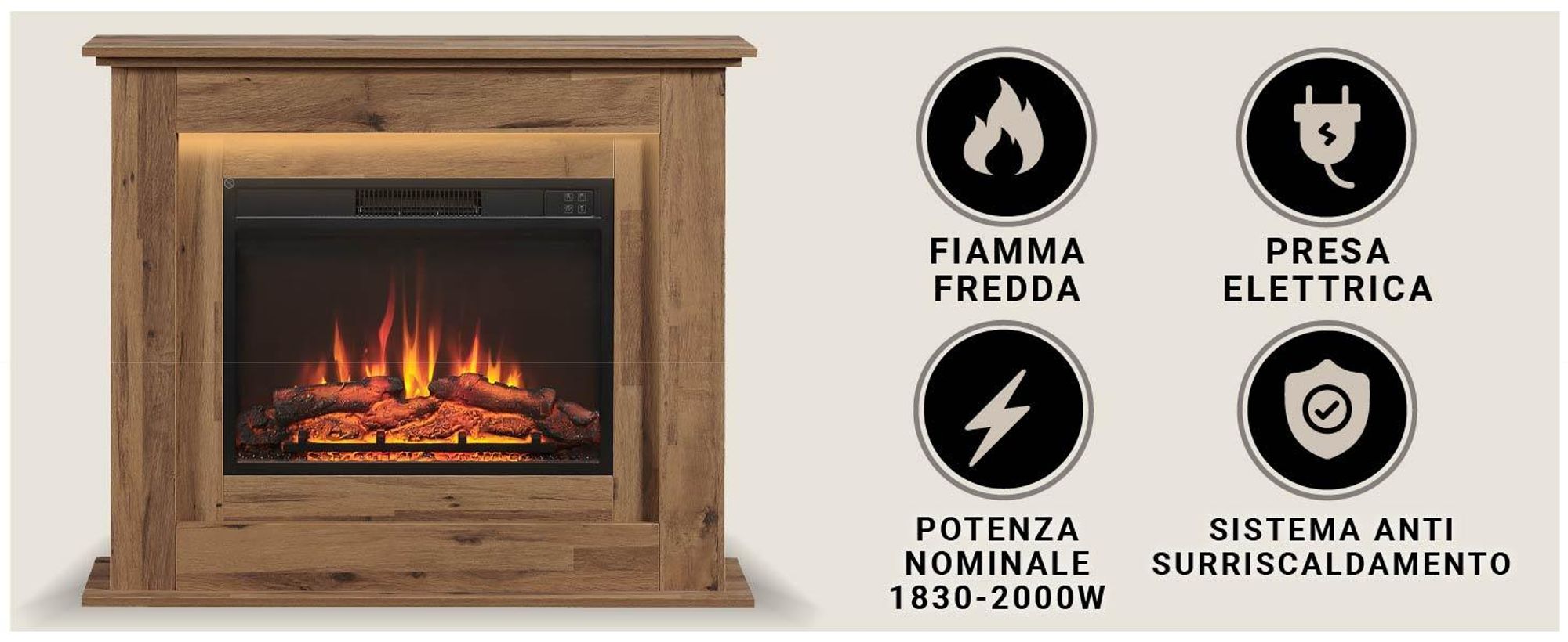 Camino elettrico BALDERIA Finn - Camino da appoggio, riscaldamento 2000 W - Rovere scuro