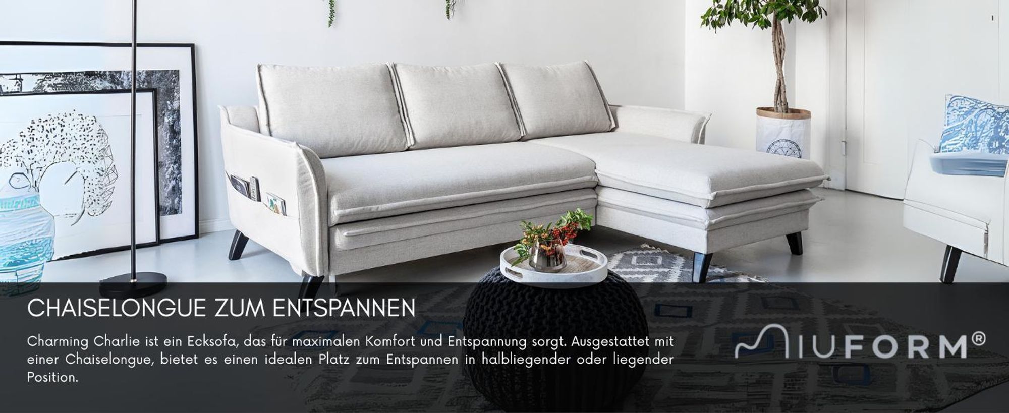 MIUFORM Charming Charlie - Ecksofa mit Bettfunktion und Bettkasten L-FORM RECHTS - 228x150cm - Dunkelgrau - Sofa Schlafsofa Couch
