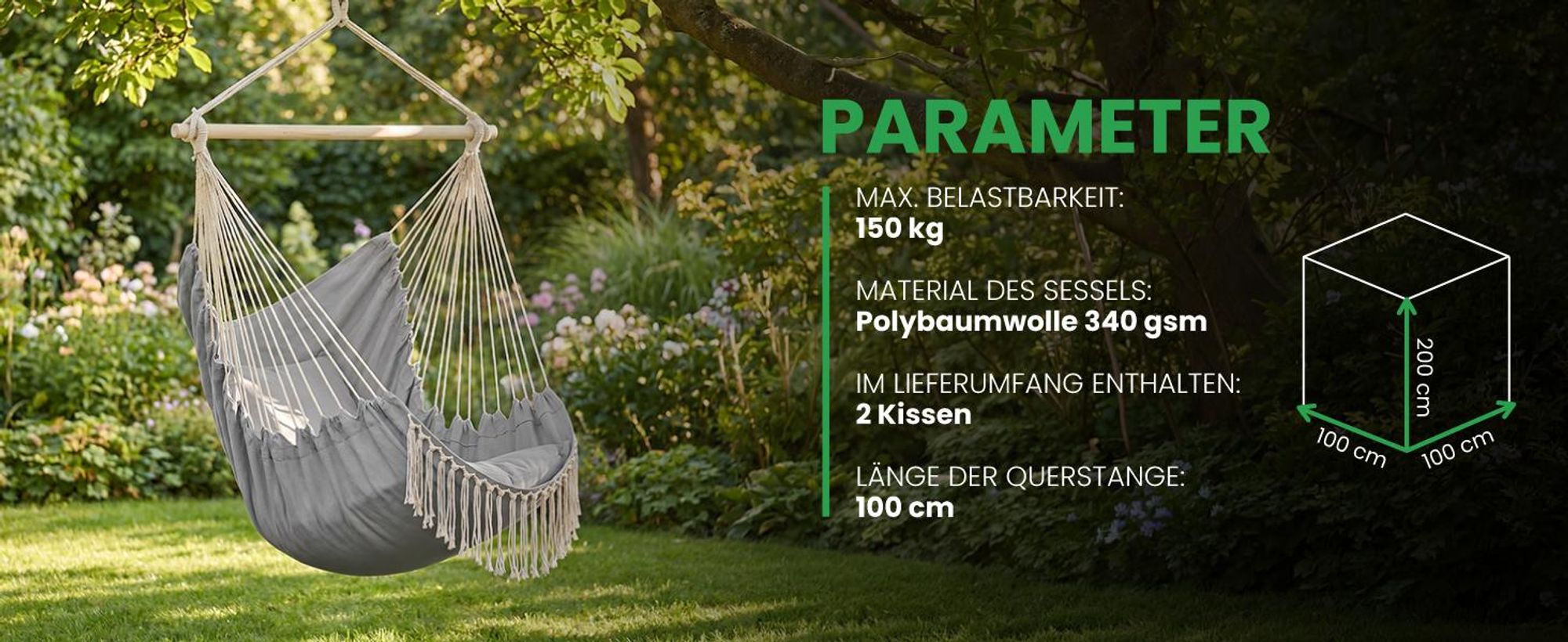Hängesessel Hängestuhl Gartensessel brasilianische Cocoon mit 2 Kissen