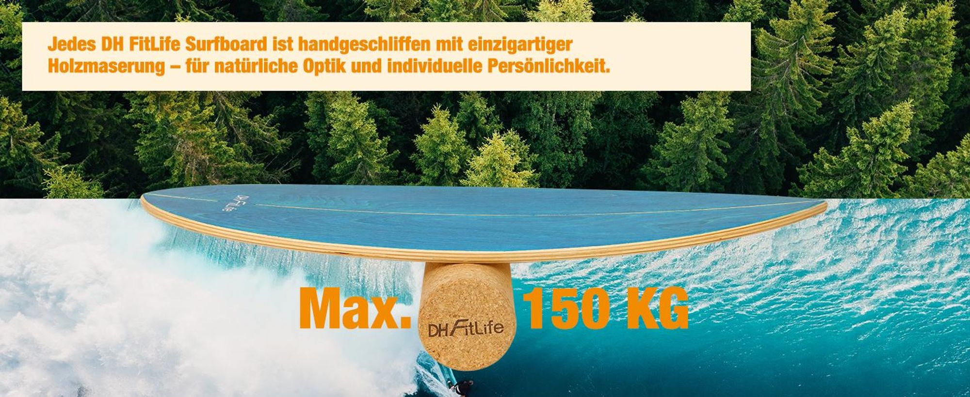 DH FitLife Surfing Balance Board aus Echtholz | Indoor Surfboard mit Rocker Shape | Wackelbrett für Kinder und Erwachsene | Spaß & Training Zuhause