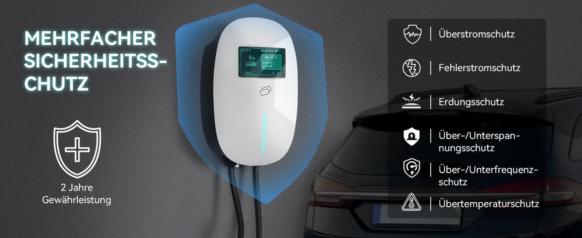 Puluomis Wallbox Ladestation 22kW Ladekabel 7m Typ 2 mit Halter,EV Ladegerät 3-phasig 6-32A einstellbar, IP65 mit Wlan & Bluetooth 24h Timer Weiß