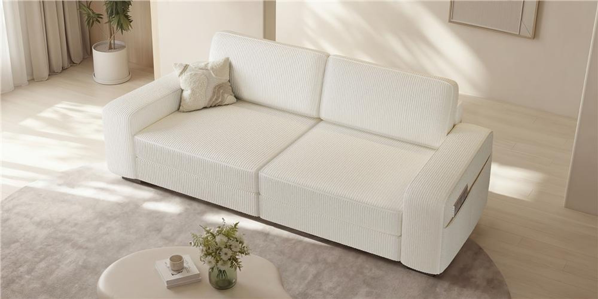 Yaheetech 3-Sitzer Sofa aus Cordstoff, 212 cm breit, Polstersofa mit Kissen & Rückenlehne & Armlehnen, Elfenbein