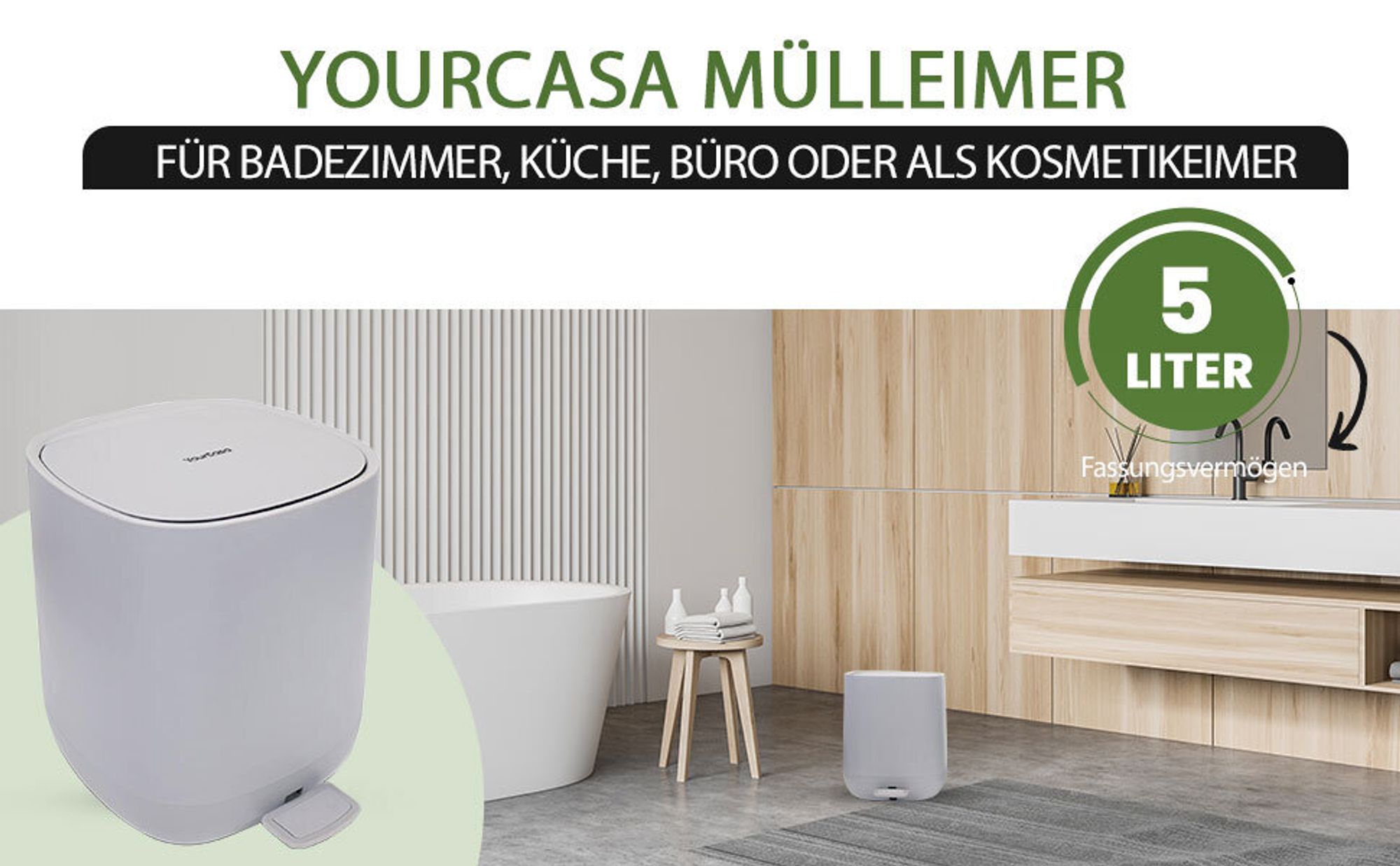 YourCasa® Mülleimer Bad [5L] - Elegantes Design - Badezimmer Mülleimer Klein - Kosmetikeimer Bad Mülleimer mit Deckel