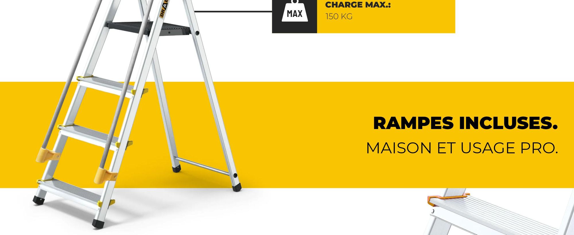 Drabest | échelle - 4 marches, charge max. 150kg - échelle avec mains courantes, échelle en aluminium, pieds antidérapants, escabeau, échelle pliante