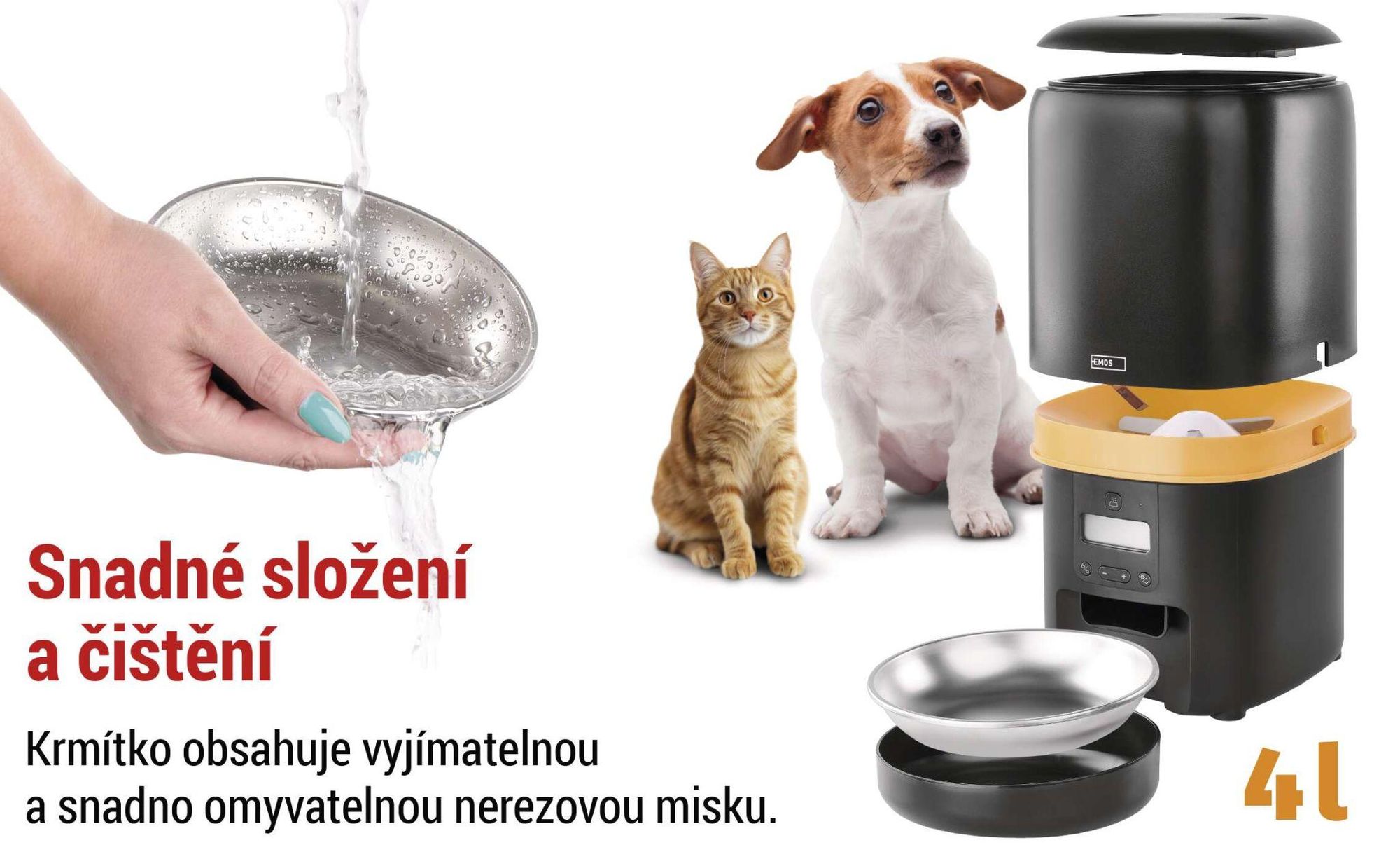 Automatické krmítko EMOS 4l, dávkovač krmiva pro psy a kočky s programovatelným časovačem, s dávkováním 1-6 jídel denně, černá barva