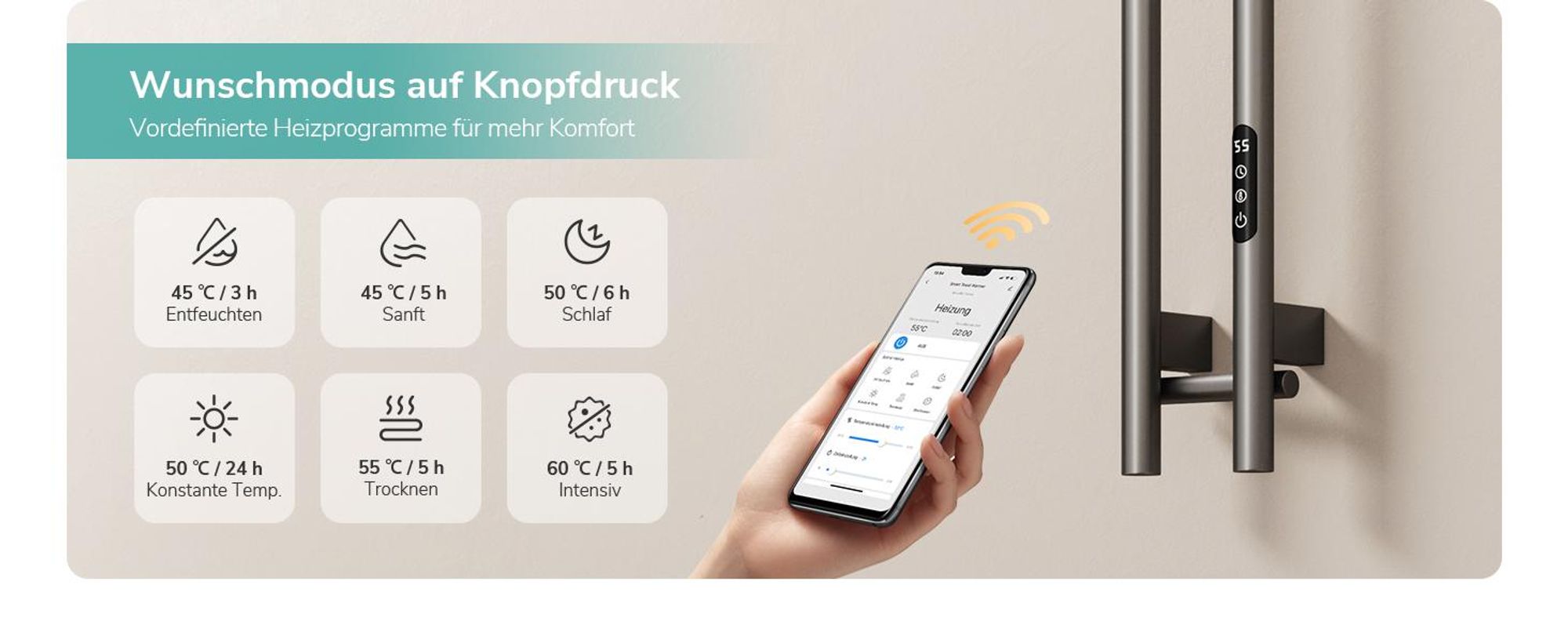 EMKE Elektrischer Handtuchheizkörper WLAN-App Steuerung mit Wochenprogramm LED Touchscreen Kompakt 2-Rohr Handtuchtrockner 120x12,4cm 145W Anthrazit