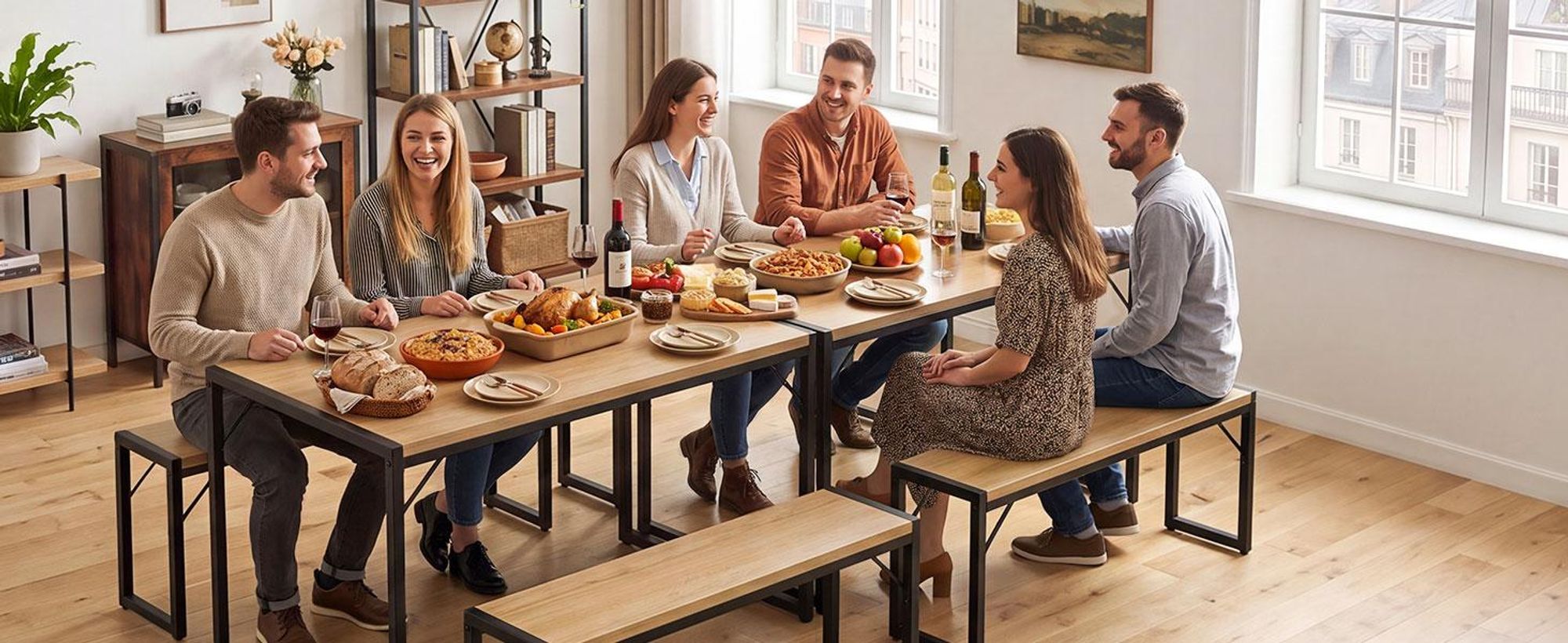 HOKEEPER Esstisch Set mit 2 Bänken, Platzsparende Sitzgruppe für Küche, Esszimmer & Restaurant, Industrial Tischgruppe mit Stahlrahmen,Hellbraun