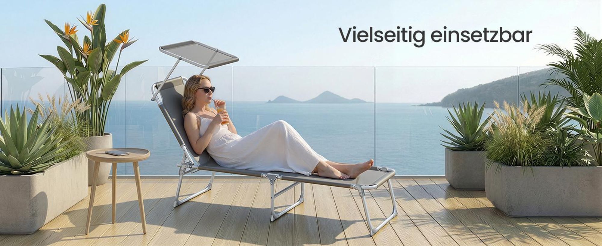 SONGMICS Sonnenliege klappbar, belastbar bis 110 kg, verstellbare Sonnenblende, Rückenlehne, beige