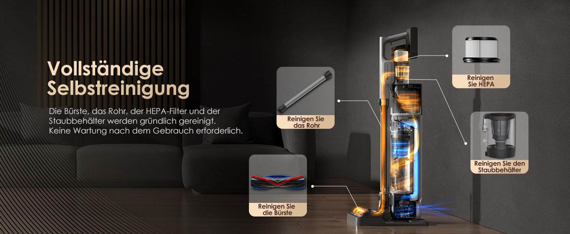 Tineco PURE ONE S70 Smarter, Stabstaubsauger, Beutellos, Blau, Orange, 0,6 l, Trocken, HEPA