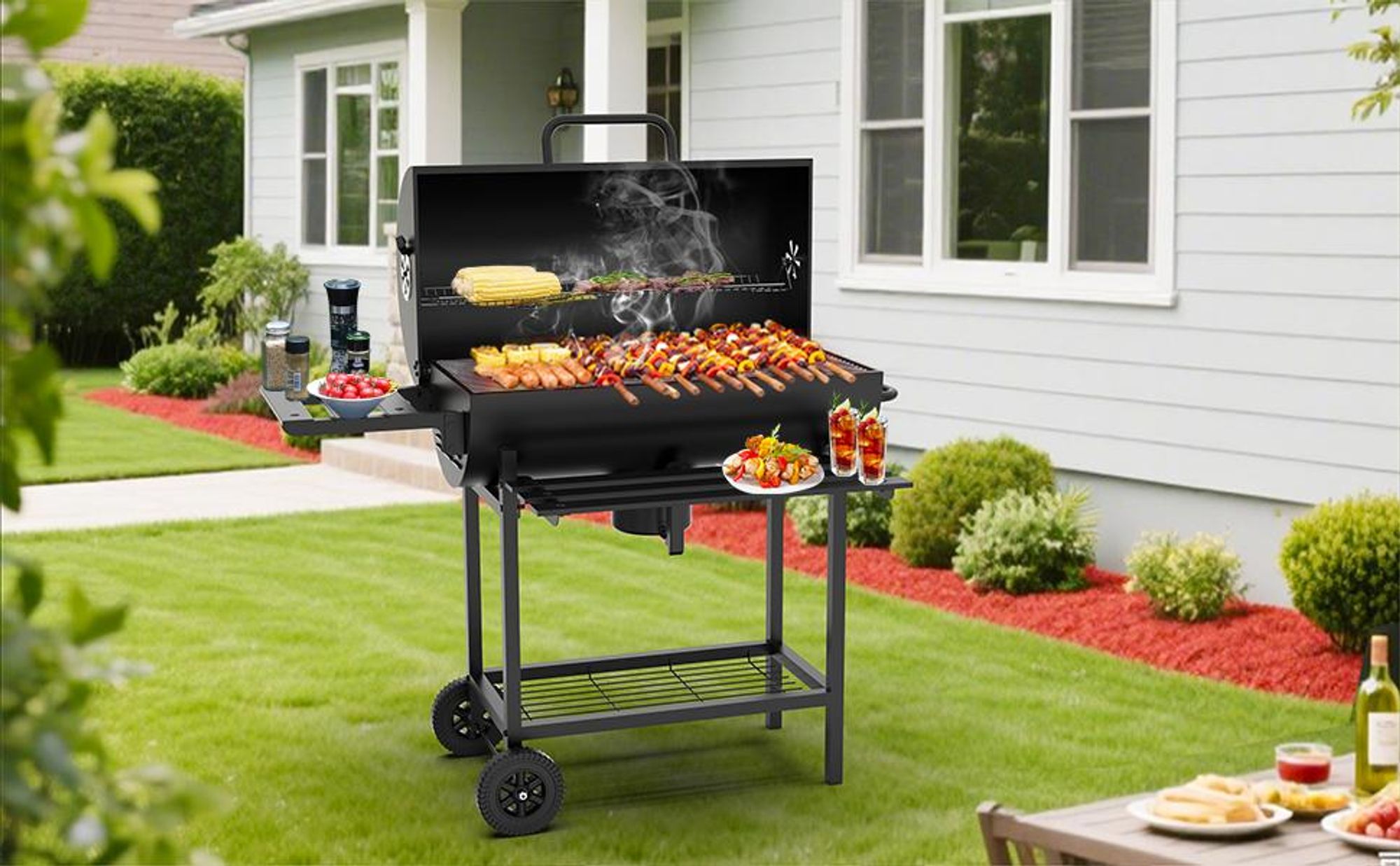 TEENO Grill Grillwagen BBQ Smoker Holzkohlegrill mit Deckel,Brathähnchen-Gestell,Rädern,Edelstahl-Griff,Grillrost und Thermometer