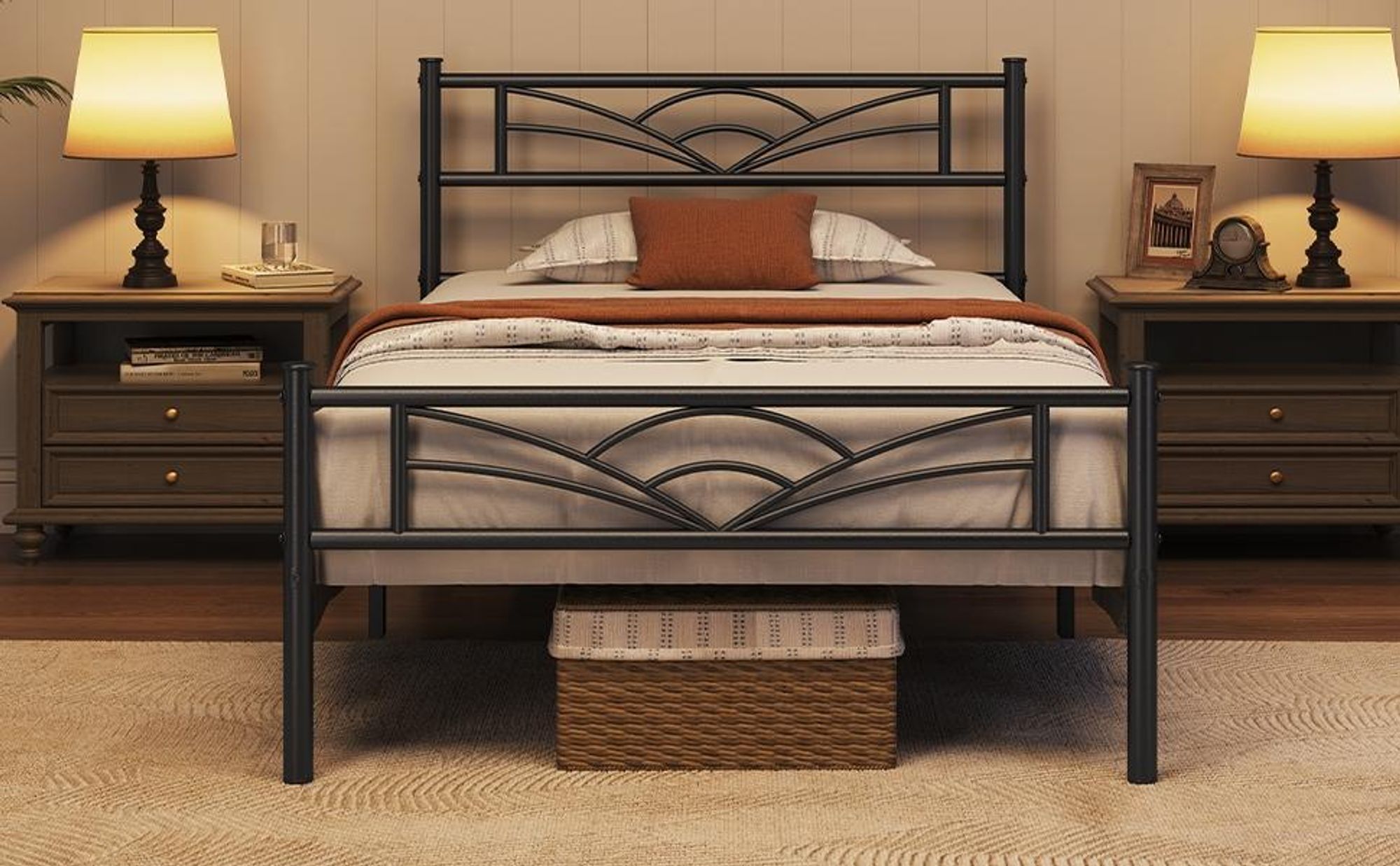 Yaheetech Metallbett Bettgestell 90 x 200 cm, Bettrahmen mit Wolkenmuster Kopfteil, Schwarz