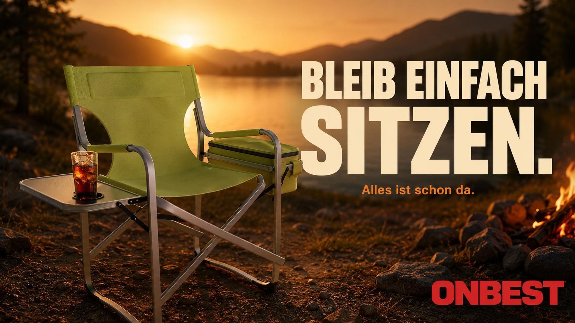 ONBEST Campingstuhl | mit 16L Kühltasche | Seitentisch | 150 kg | Getränkehalter | Oxford 600D*300D Gewebe