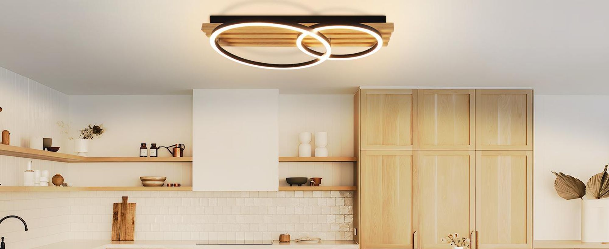 ZMH LED Deckenlamape Holz Deckenleuchte Dimmbar mit Fernbedienung 2 Ringen 36W 55CM Schlafzimmer Lampe Modern deckenleucht Geometrisch wohnzimmerlampe