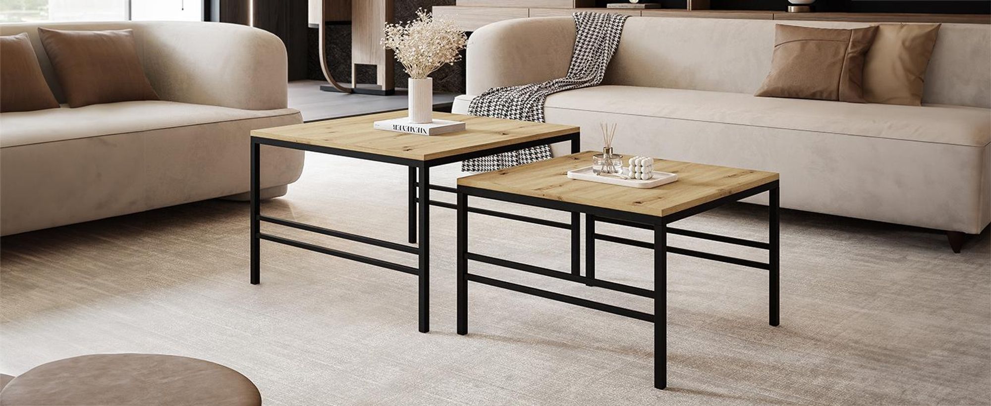 Idohome - Moderner Couchtisch FORMA 2in1 70/60 cm, für das Wohnzimmer mit Metalgestell Kaffeetisch Wohnzimmertisch Sofatisch Schwarz / Artisan