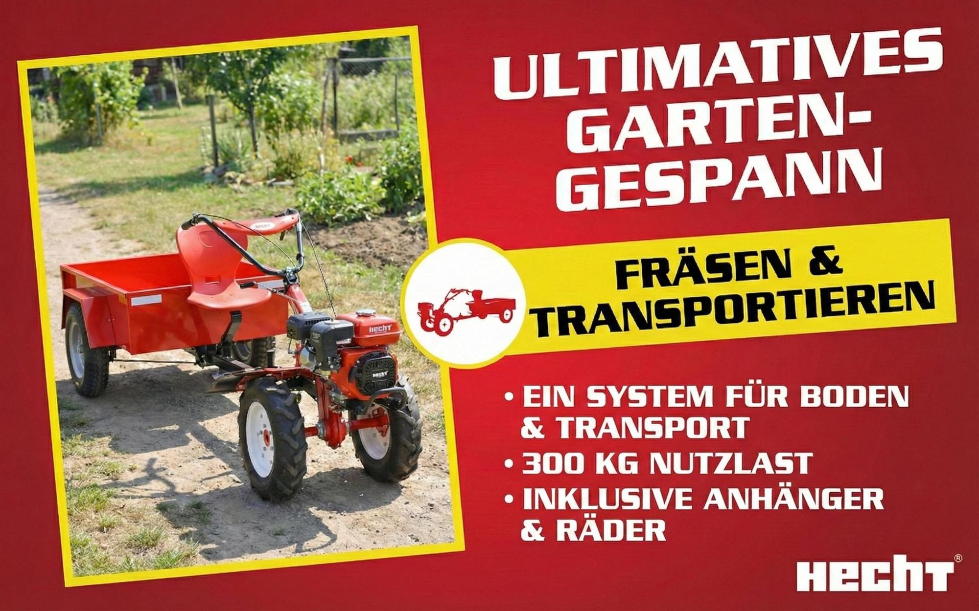 HECHT 7100 Motorhacke Benzin | mit Anhänger | Kupplung | Räder | 104 cm Arbeisbtreite | 7 PS