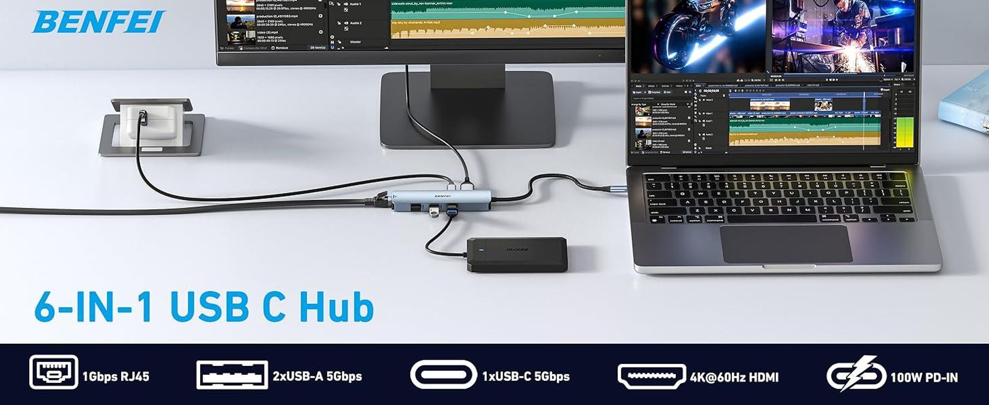 BENFEI Hubs USB C Hub 6in1 mit HDMI 4K 60Hz und Gigabit Ethernet