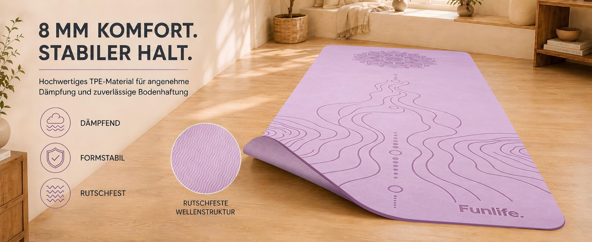 8 mm starke FunLife TPE-Yogamatte mit Dämpfung, Formstabilität und rutschfester Wellenstruktur.
