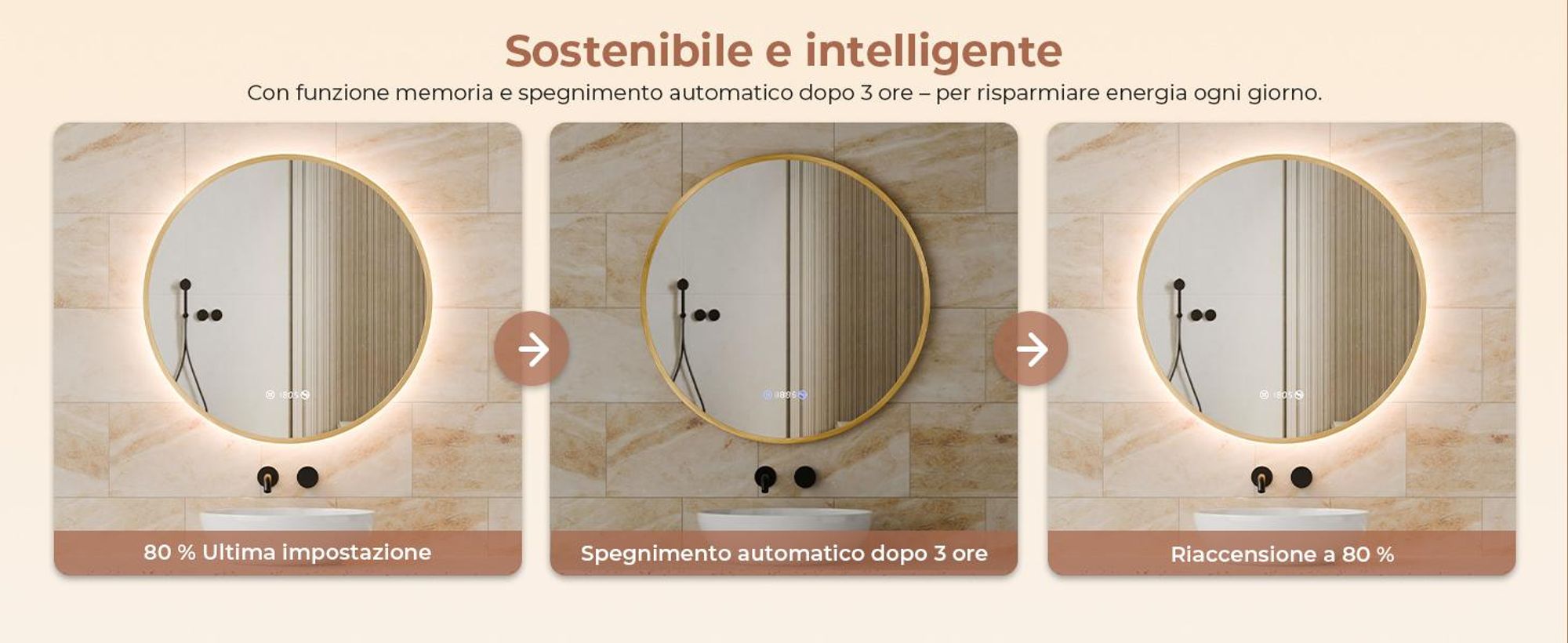 S'AFIELINA Specchio da bagno LED Rotondo 60cm, touch, antiappannamento, dimmerabile, orologio, temperatura, memoria, oro