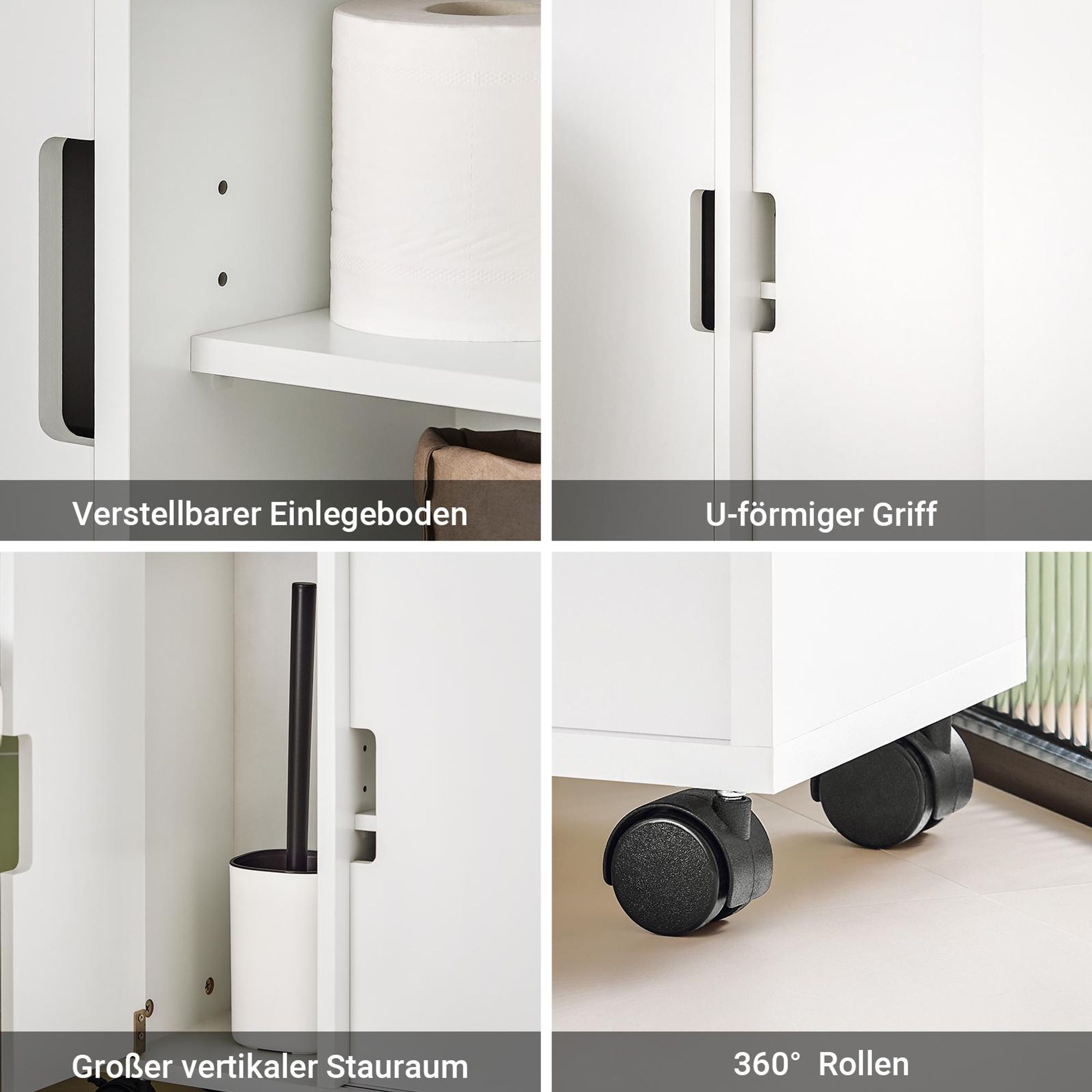 SoBuy Badezimmerschrank schmal auf Rollen, 20 cm Nischenschrank mit 2 Schiebetüren und offenem Fach, Badschrank für Bad & WC, Weiß BZR02-W