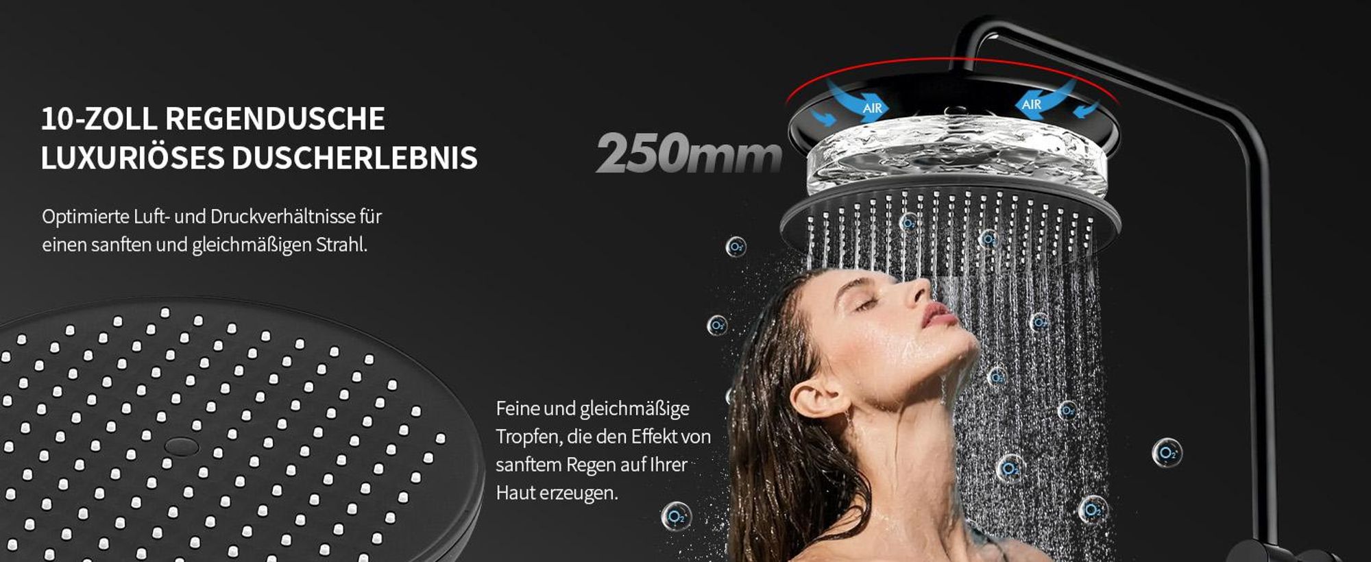 Homelody Duschsystem mit armatur, duscharmatur komplettset mit LED-Anzeige, regendusche mit 250MM kopfbrause und Handbrause, Schwarz