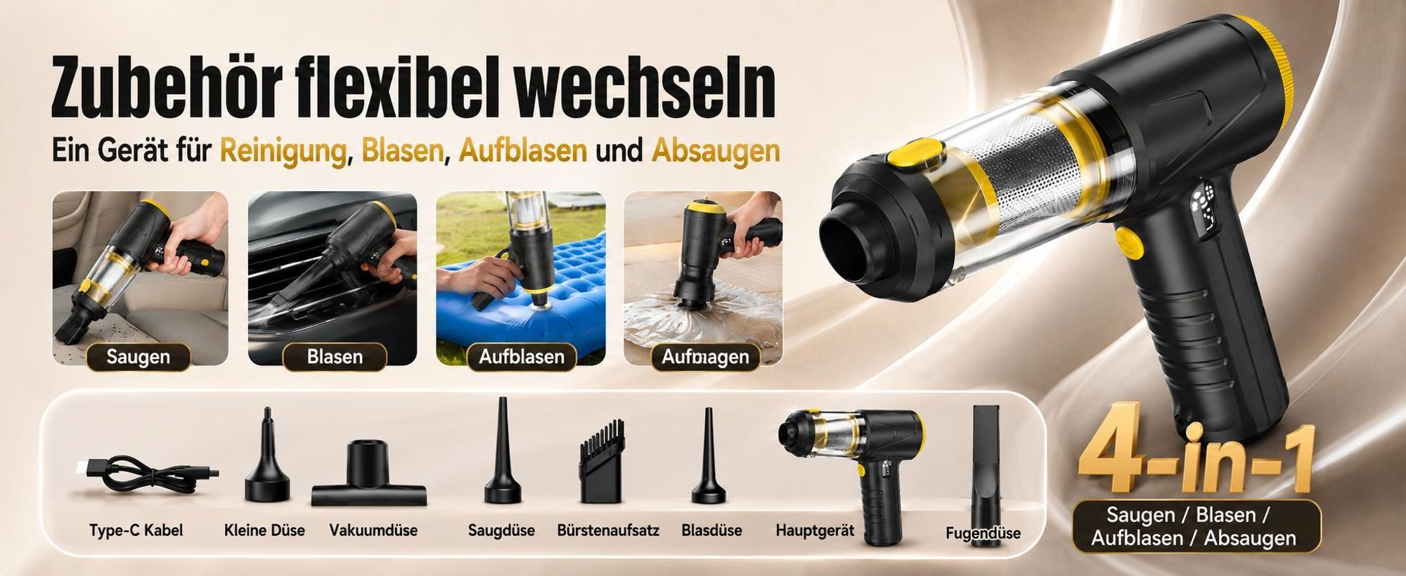 4-in-1 Auto Staubsauger, 18000 pa Akku Handstaubsauger mit LED-Licht, Digitalem Display, Ultra-leiser, 3 Modi, Tragbar für Auto, Haushalt, Tierhaare