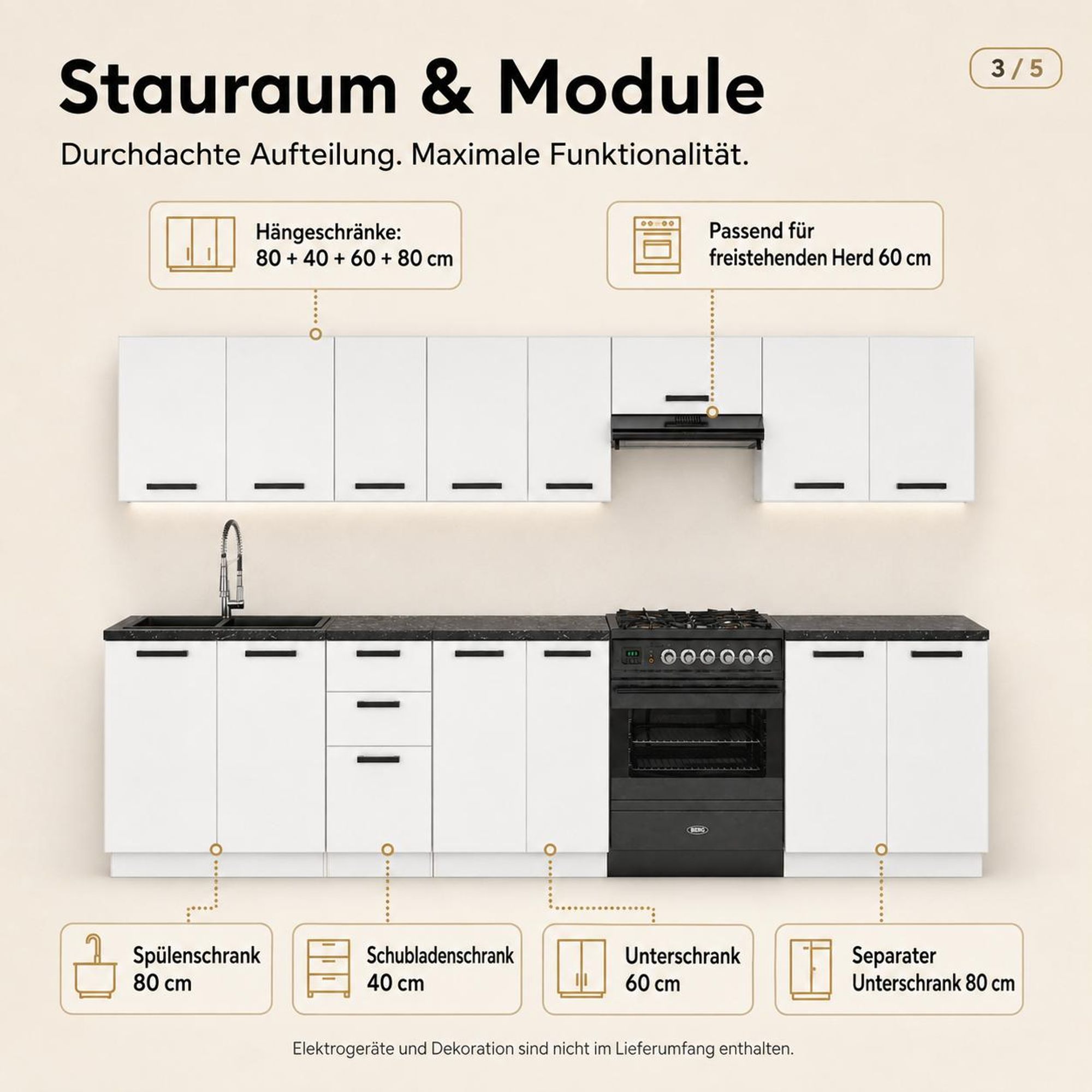 Küchenzeile 320 cm Weiß Matt: Modulare Schränke & Spülenschrank