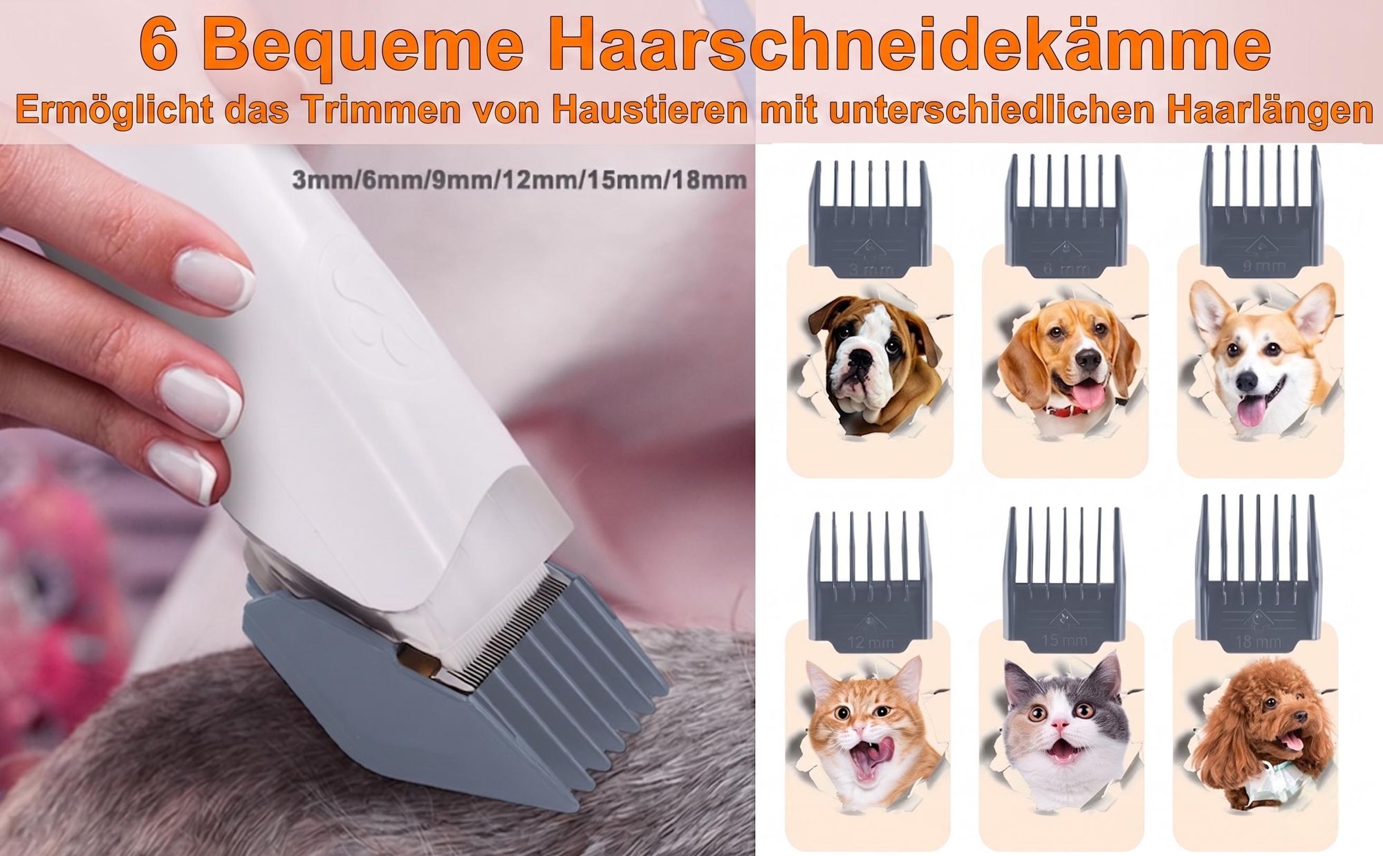 Mit den 6 Kammaufsätzen können Sie verschiedene Haartypen optimal auf die gewünschte Länge trimmen.