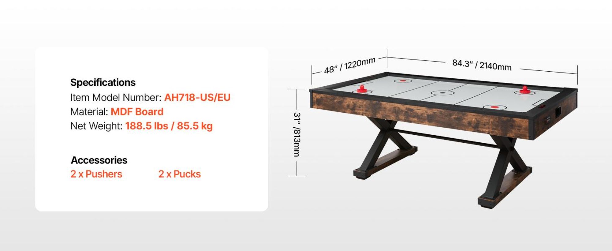 VEVOR 84" Air Hockey Tisch, Indoor Arcade Tisch Spielset mit 2 Schlägern, 2 Pucks, elektronischem Punktesystem, X-förmigen Beinen & Hochleistungsgebläse, luftbetriebenem Hockeyspieltisch für Familien-Spielzimmer Büro, 214 cm