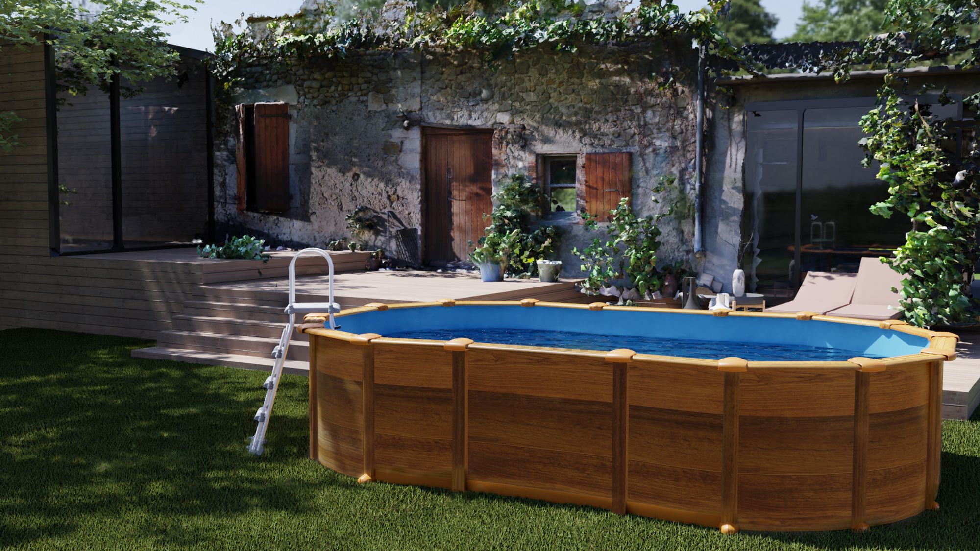 Das Bild zeigt eine elegantes Stahlwandpool mit Holzoptik