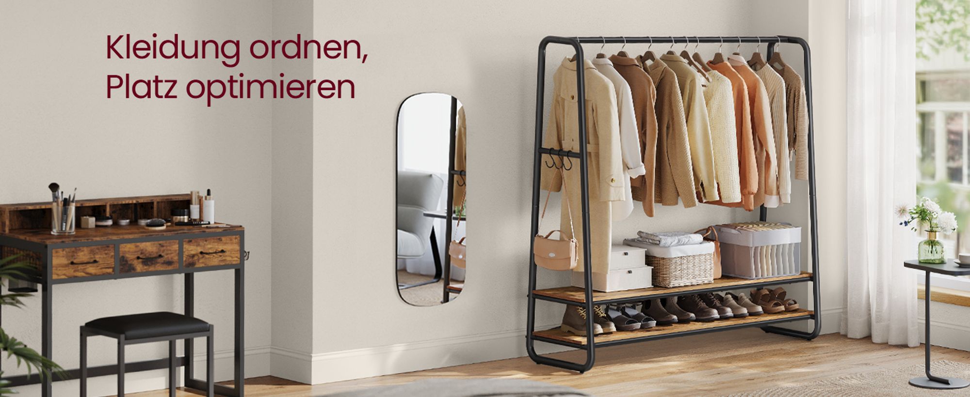 Kleiderständer, Garderobenständer, Garderobe, 2 Ablagen, 6 Haken in S-Form, Stahlgestell, vintagebraun-schwarz