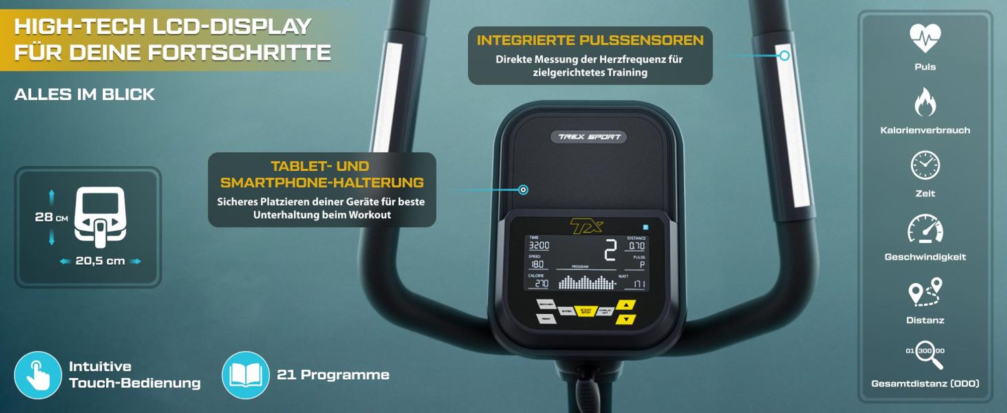 TREX SPORT Heimtrainer Fahrrad TX-950EB EXEN | Elektromagnetisches Fitnessbike mit 32-stufigem Widerstand | 21 Programme, ergonomisch, bis 150 kg