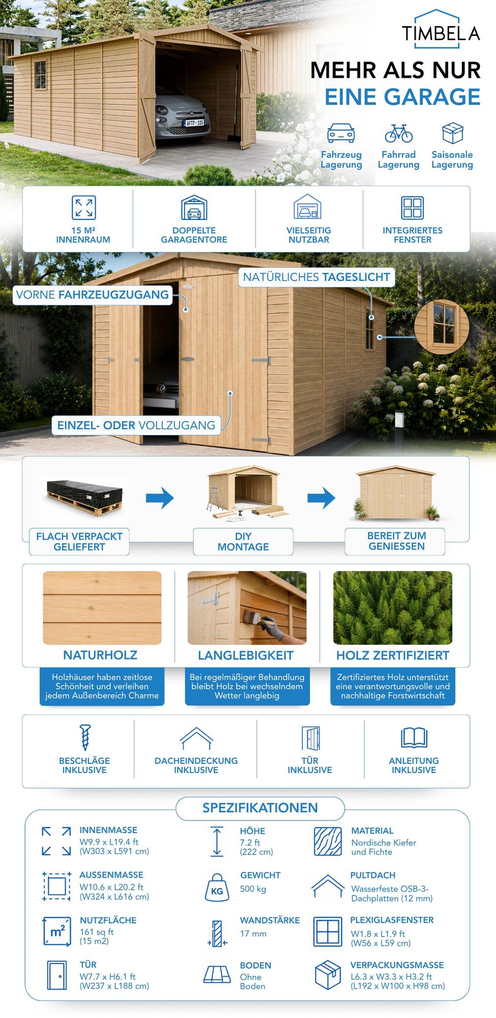Holzgarage 15 m² − Abstellraum mit Fenstern − H222xL516xB324 cm − Plattenkonstruktion aus Naturholz − Gartenwerkstatt − Auto- und Geräteschuppen −TIMBELA M101