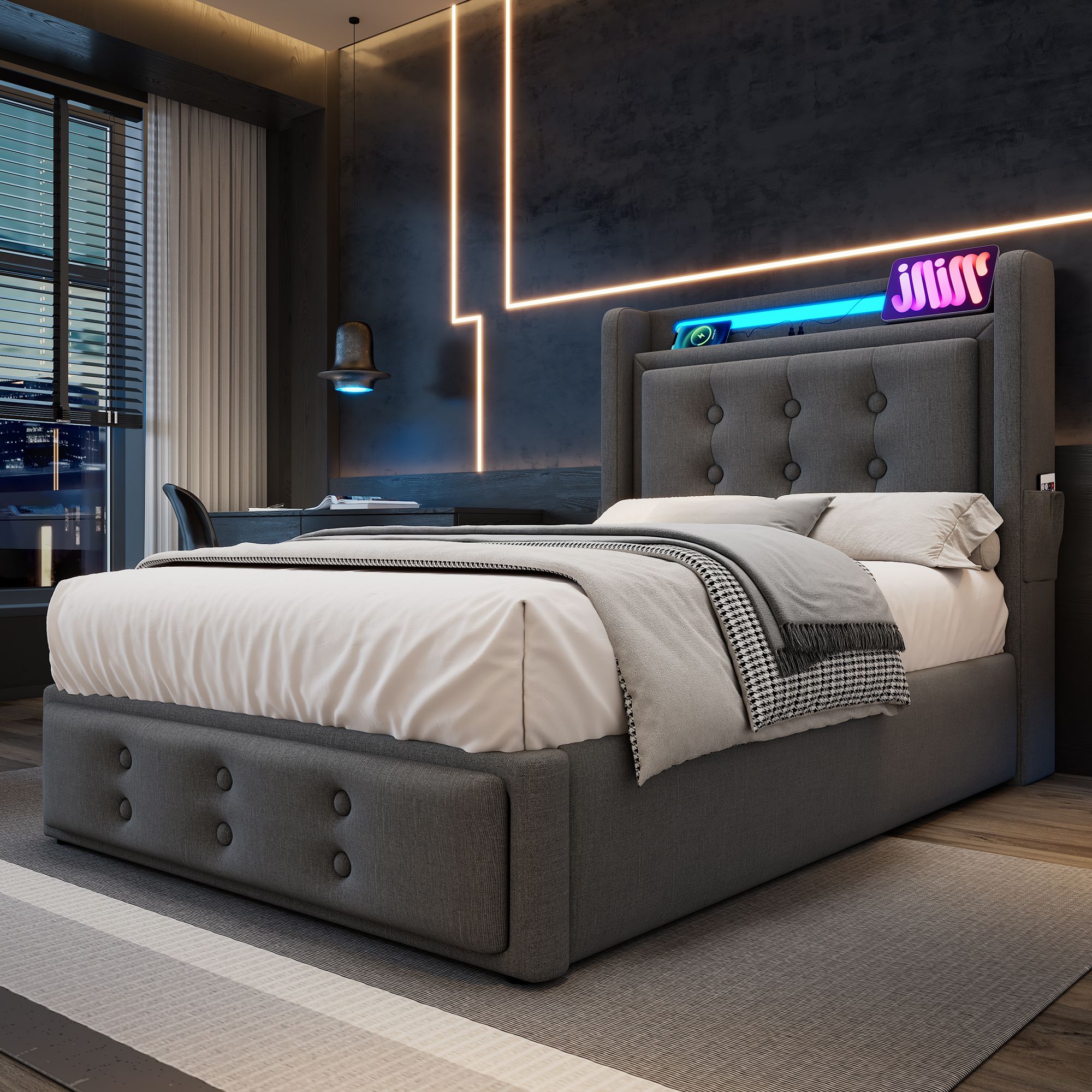 Flieks Polsterbett 90x200cm mit Ladefunktion, Einzelbett Jugendbett mit LED, Hydraulisches Stauraumbett Boxspringbett mit Lattenrost, Baumwolle, Grau
