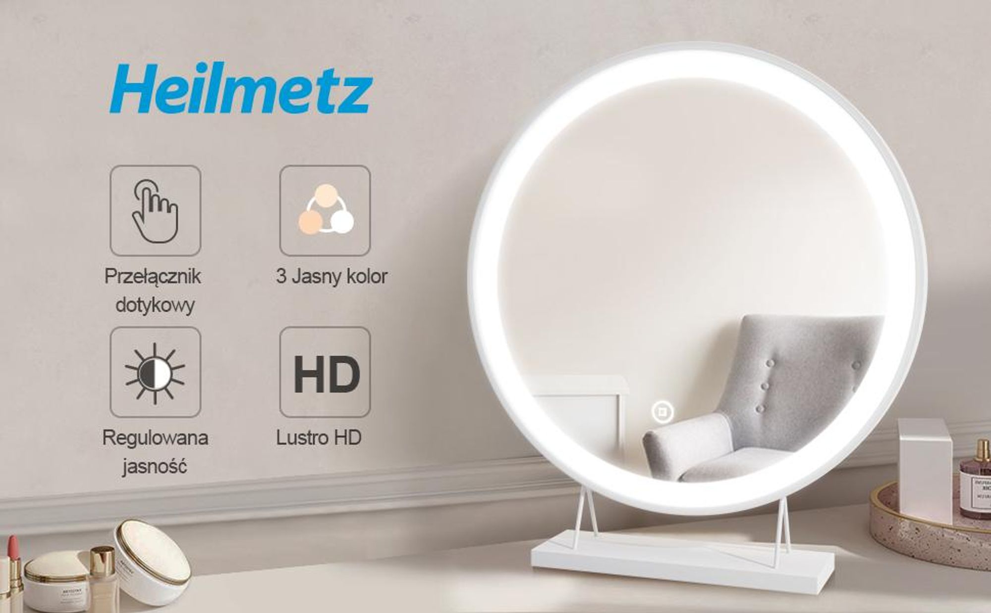 Heilmetz lusterko do makijażu z oświetleniem Φ48cm Białe lusterko kosmetyczne LED Lusterko stołowe 3 kolory światła Ciepła biel/Neutralna/Zimna biel (Możliwość ściemniania 3000-6500K) Dotykowe