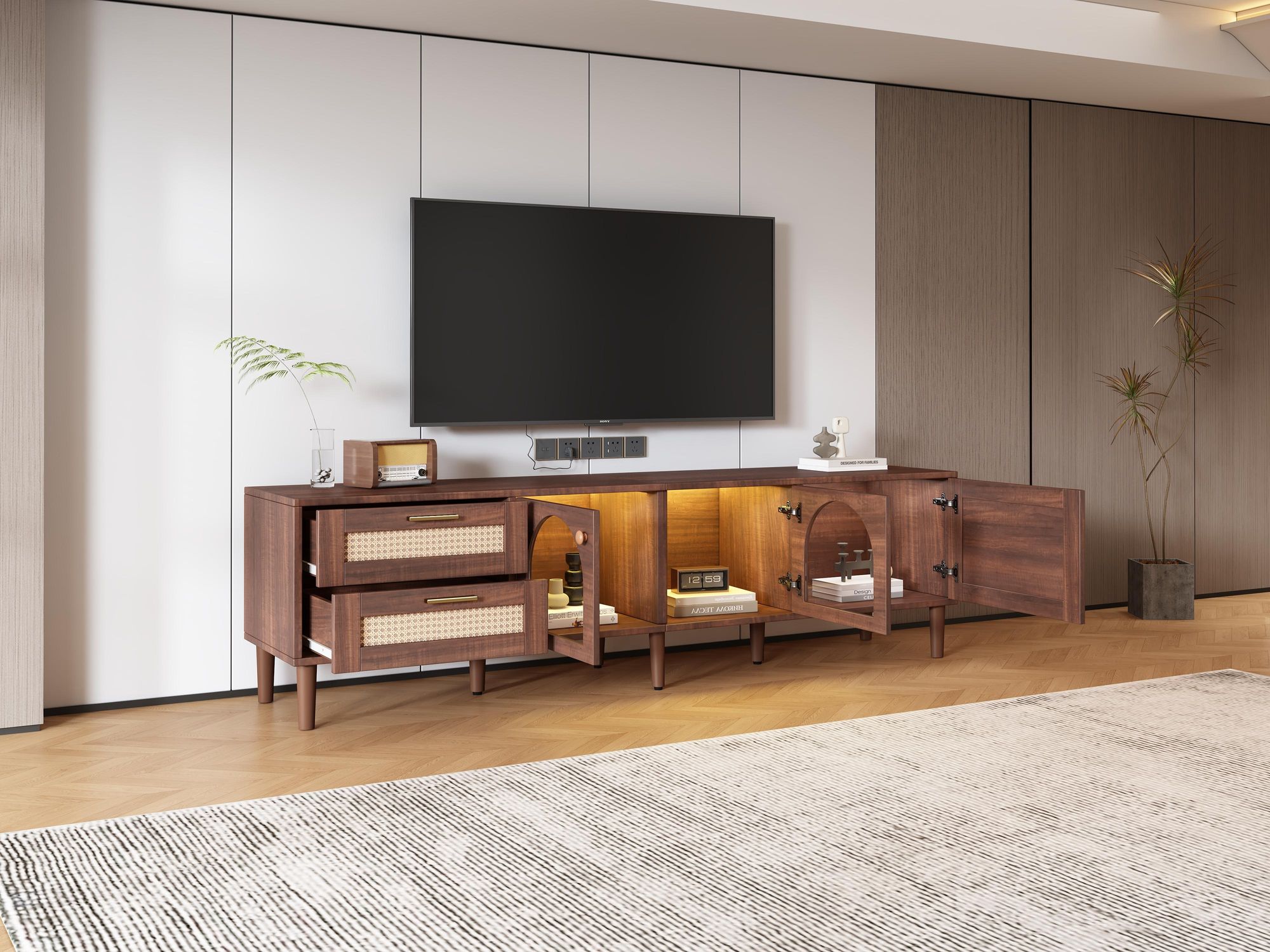 STILVORA Lowboard mit Glastüren&LED-Beleuchtung,TV-Schrank Fernsehschrank mit Rattanschubladen,TV-Lowboard für Fernseher bis 80 Zoll,Walnuss