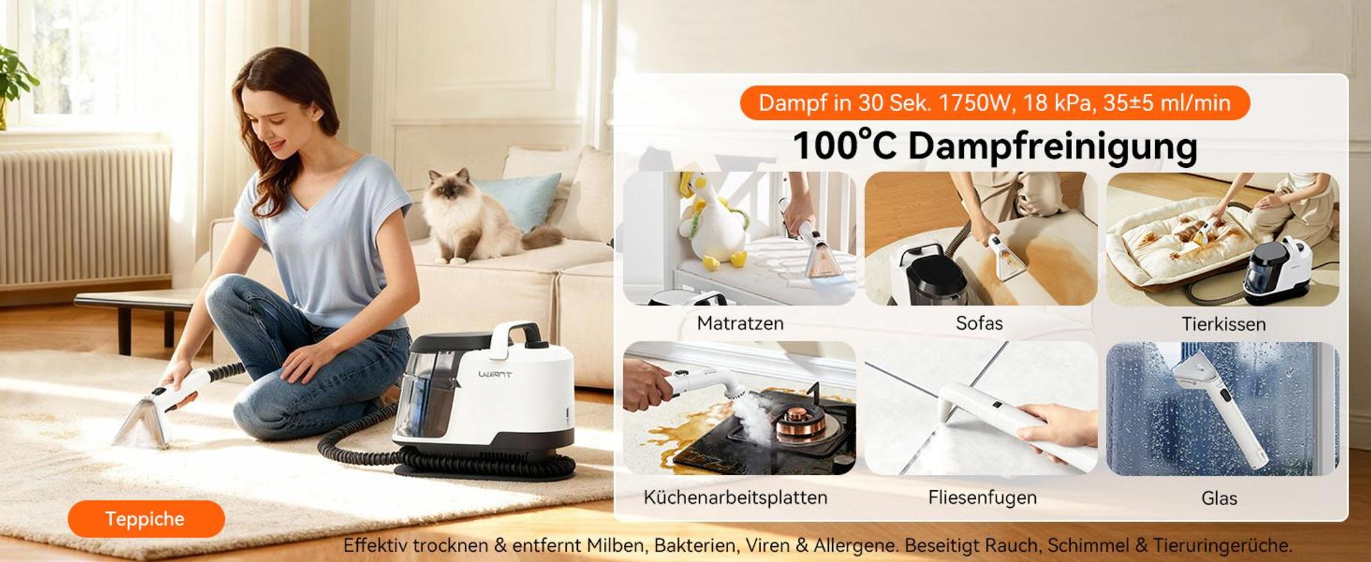 Uwant Y100 Steam Polsterreiniger Gerät, 3-in-1 Dampfreiniger für Sofa, Teppich und Auto mit 18KPA, 1750W Heißdampf, 65°C Heißwasser,Kaltwasser