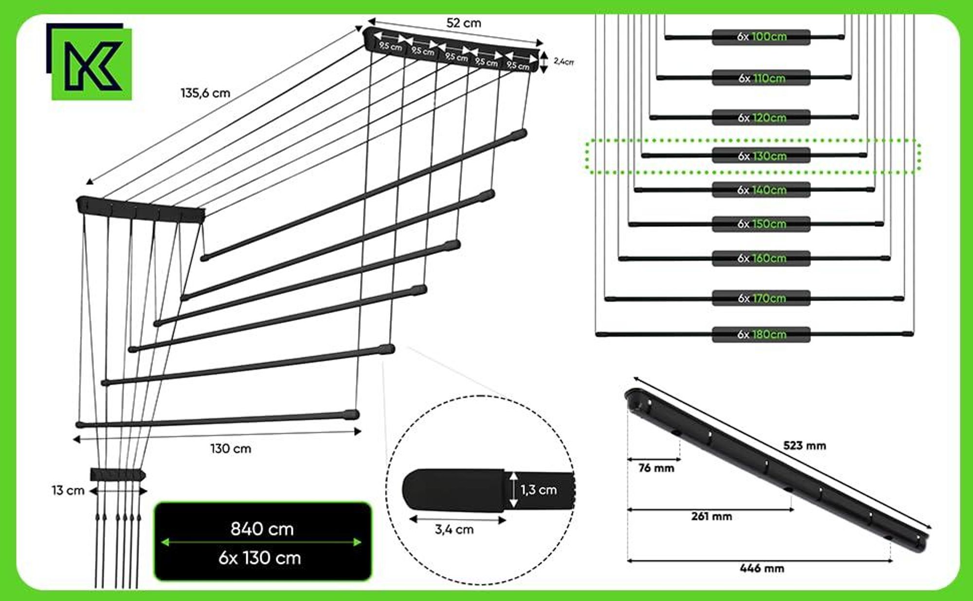 KADAX Deckenwäschetrockner "Torp", Deckentrockner Traglast 12kg, 6 Stäbe, 130 cm, schwarz