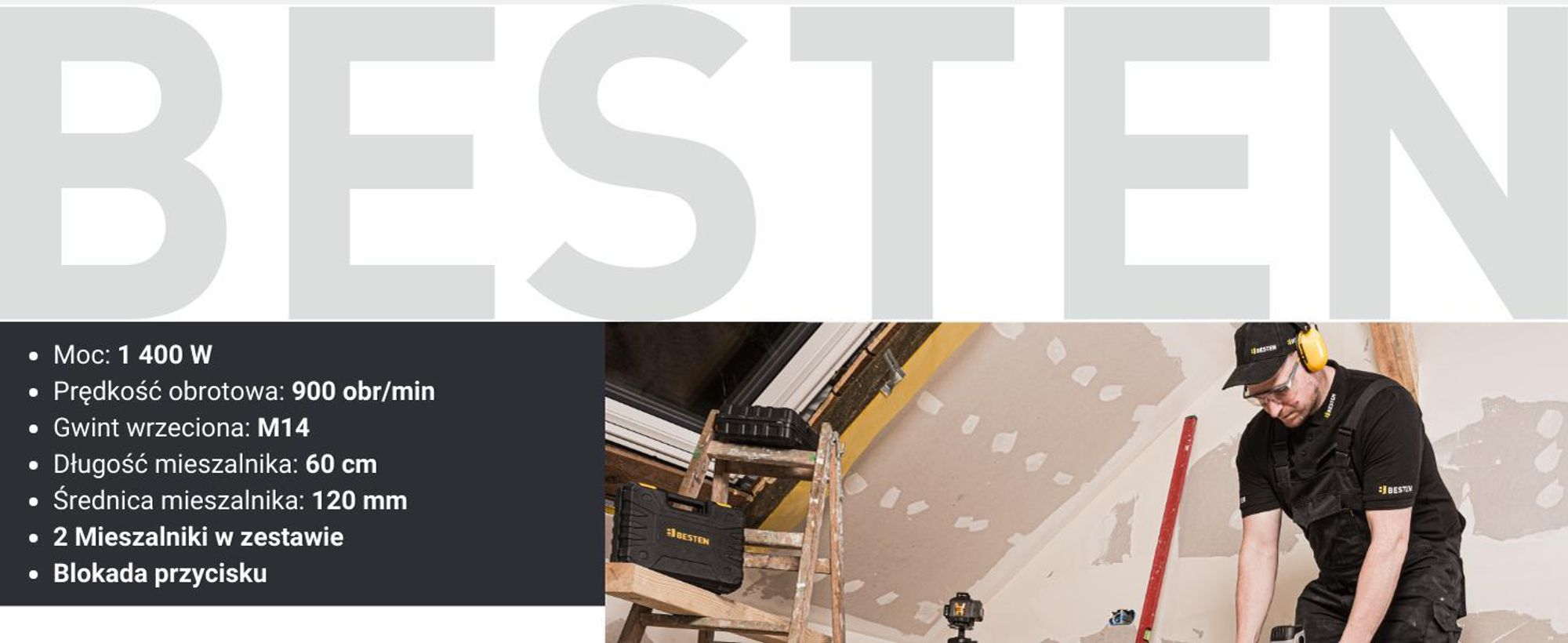 Mieszadło Elektryczne Do Kleju, Betonu, Zapraw 1400W + 2 Mieszadła BESTEN BE0002854