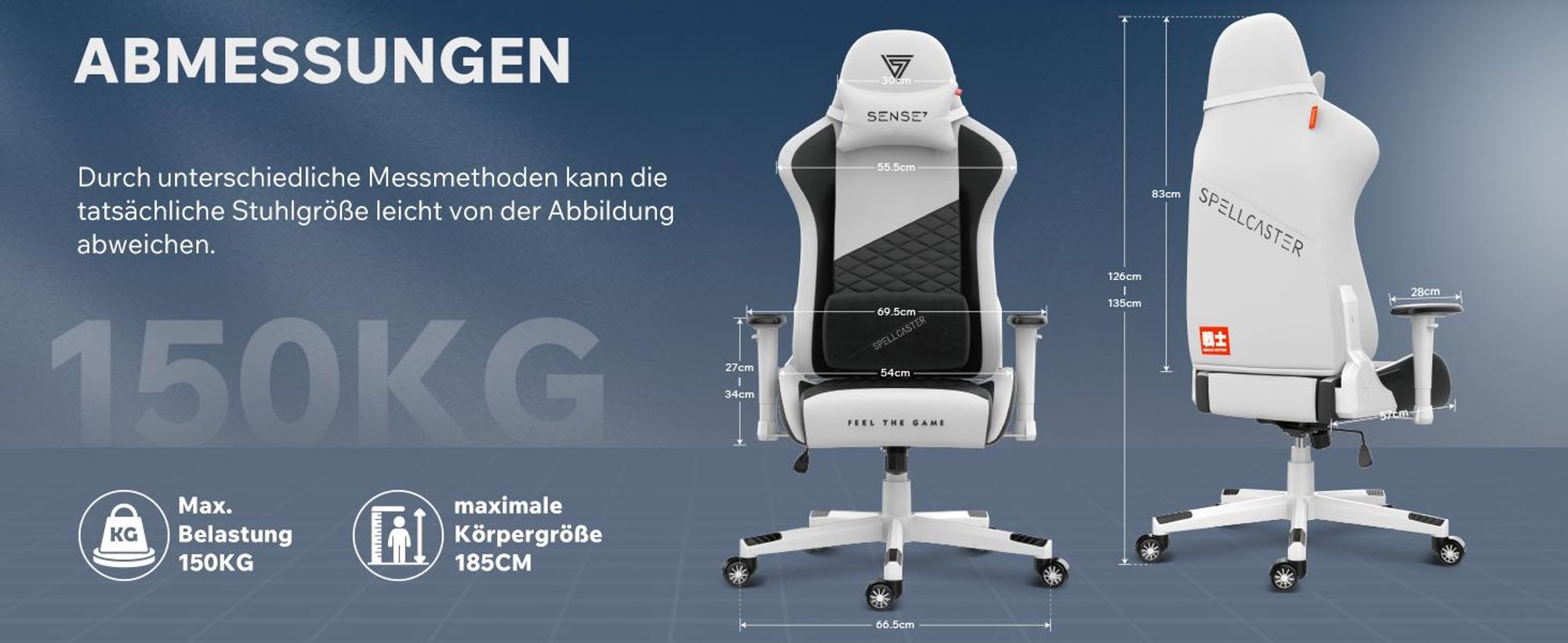 SENSE7 Spellcaster SENSHI Gaming Stuhl Weiß-Schwarz - Ergonomischer Bürostuhl Schreibtischstuhl Zockerstuhl 150 kg Chefsessel Kaltschaum