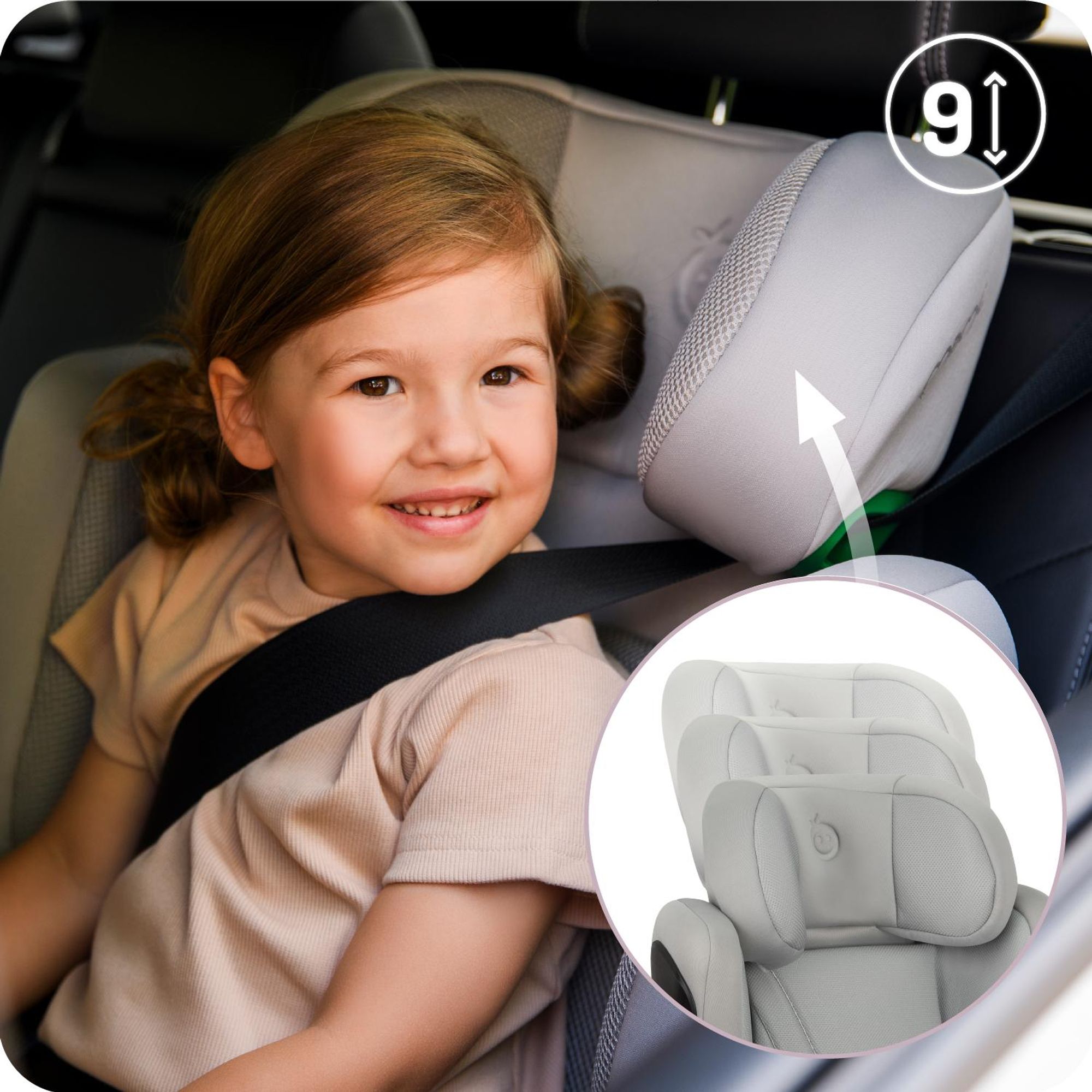 MoMi MEI – i-Size Kindersitz Gruppe 2/3 (100–150 cm, bis 36 kg) mit ISOFIX & 9-fach verstellbarer Rückenlehne – Grau