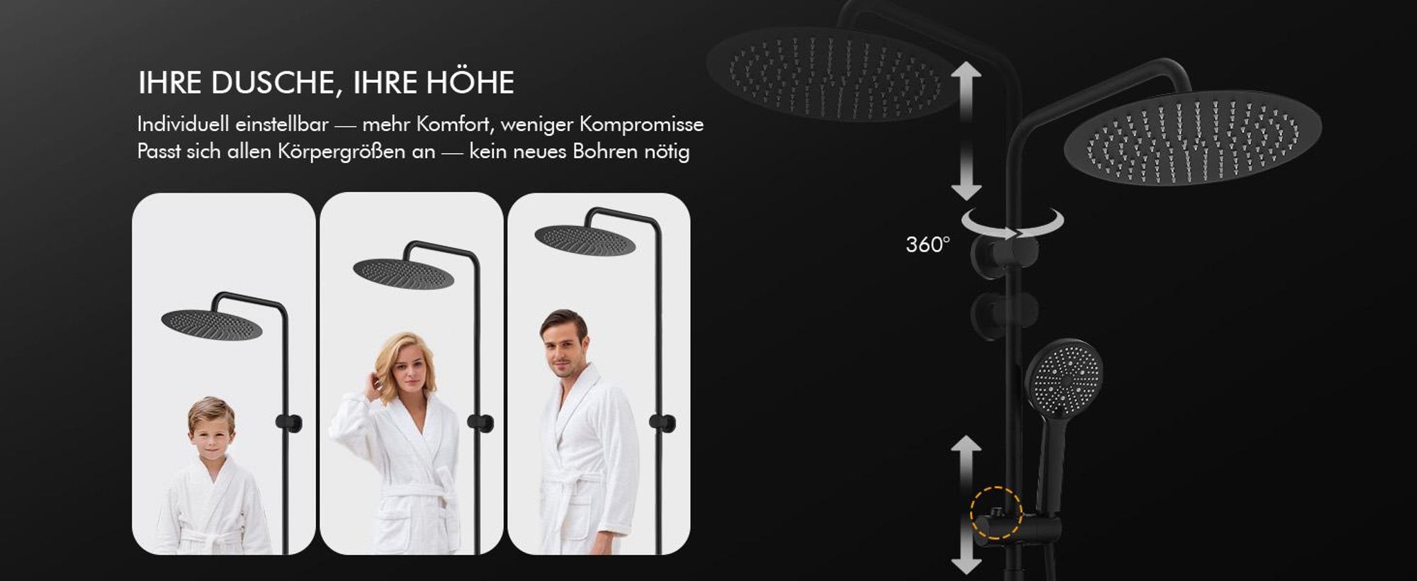 Homelody Duschsystem ohne Armatur, Duschset Duschsäule mit SUS 304 Edelstahl 30cm kopfbrause & Handbrause Rund, 3 Strahlarten, Schwarz
