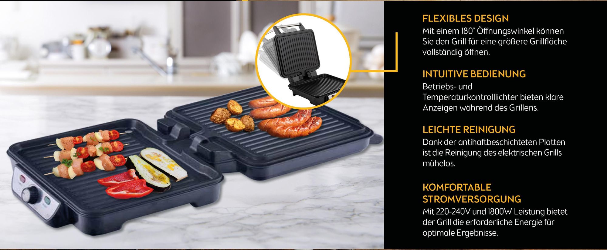 TZS First Austria Kontaktgrill , 1800W, Edelstahl, Panini Grill, Sandwichmaker, BPA frei, Klappbar, Elektrogrill