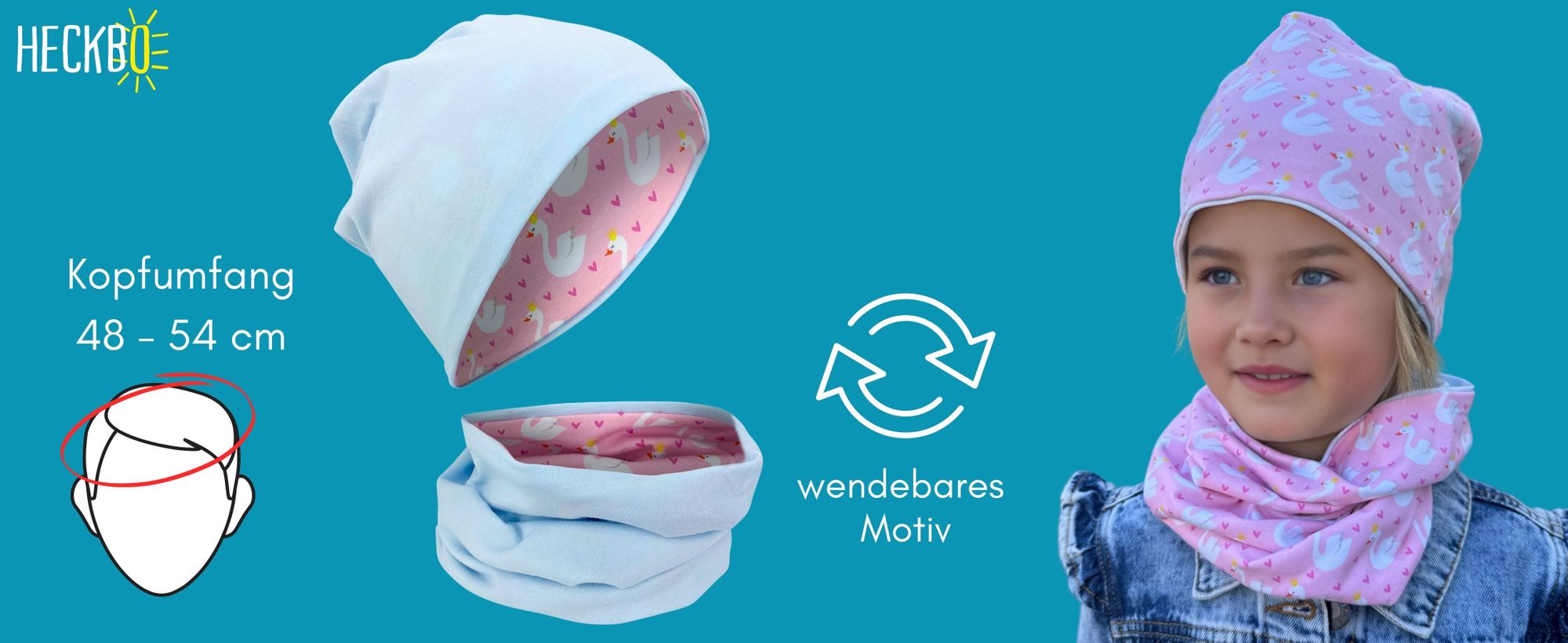 Kinder Mädchen Beanie Wintermütze mit Fleece Vlies + Loop-Schal Set - Schwan Swan Herzen Motiv - One Size: 2-8 Jahre - 95% Baumwolle - weiches & pflegeleichtes Stretch-Material - Winter Herbst