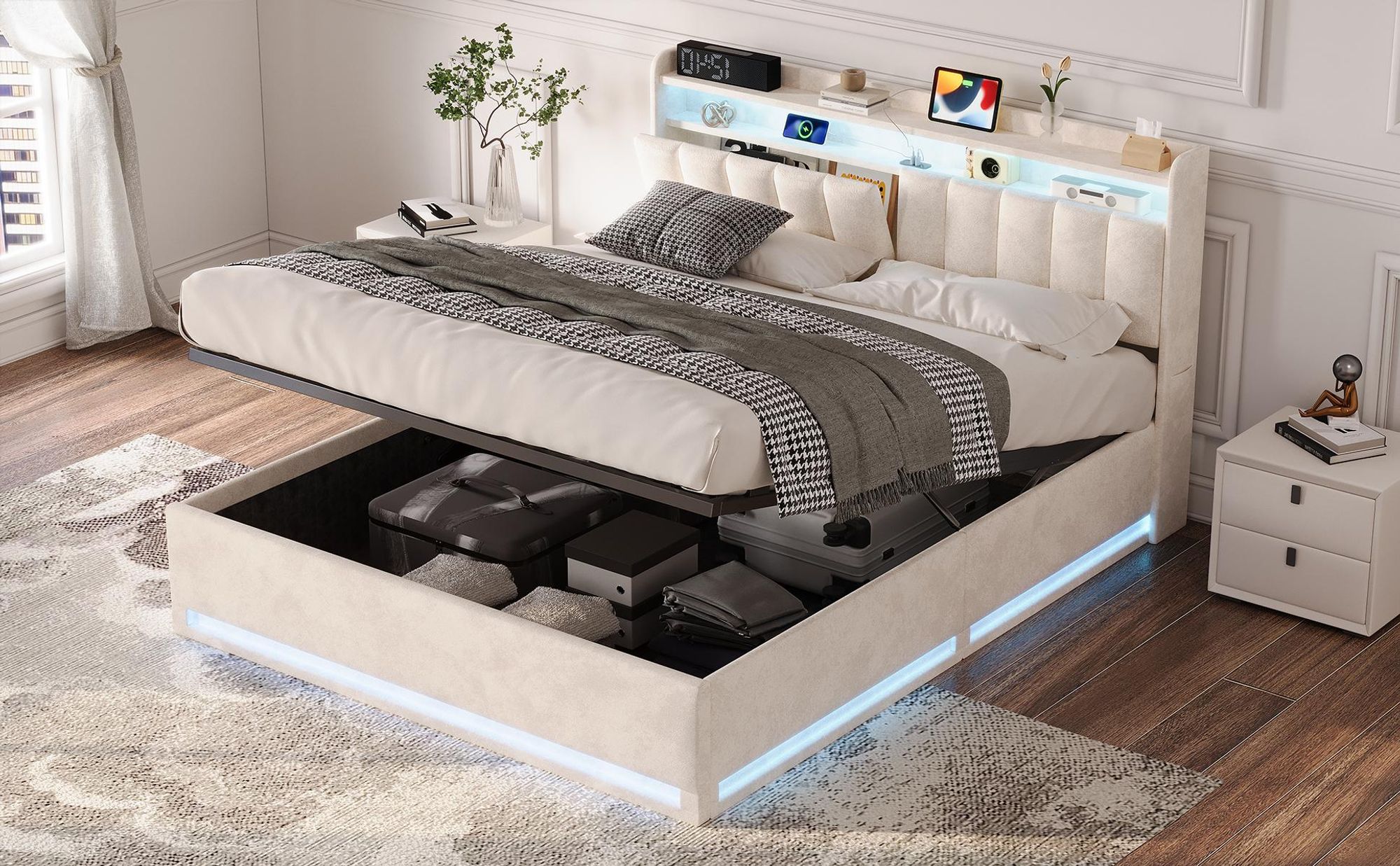 INONEFT Boxspringbett 140×200 mit LED &USB ,Polsterbett mit Stauraum,Hydraulisches Doppelbett, Samt, Beige.